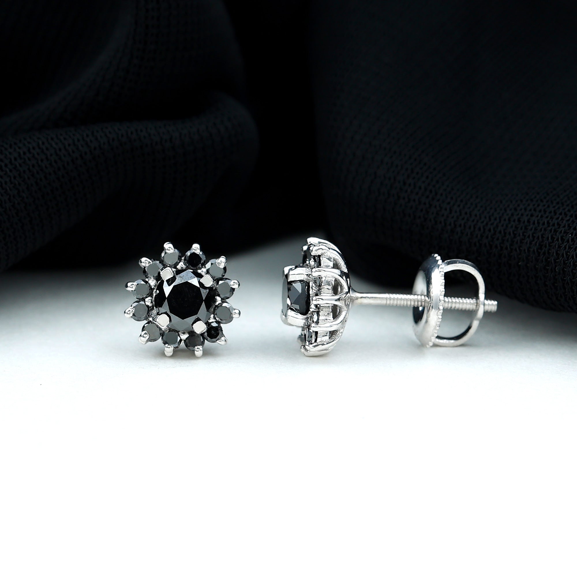 Lab Grown Black Diamond Statement Flower Earrings AAAA ( Synthetic ) - Rosec Jewels