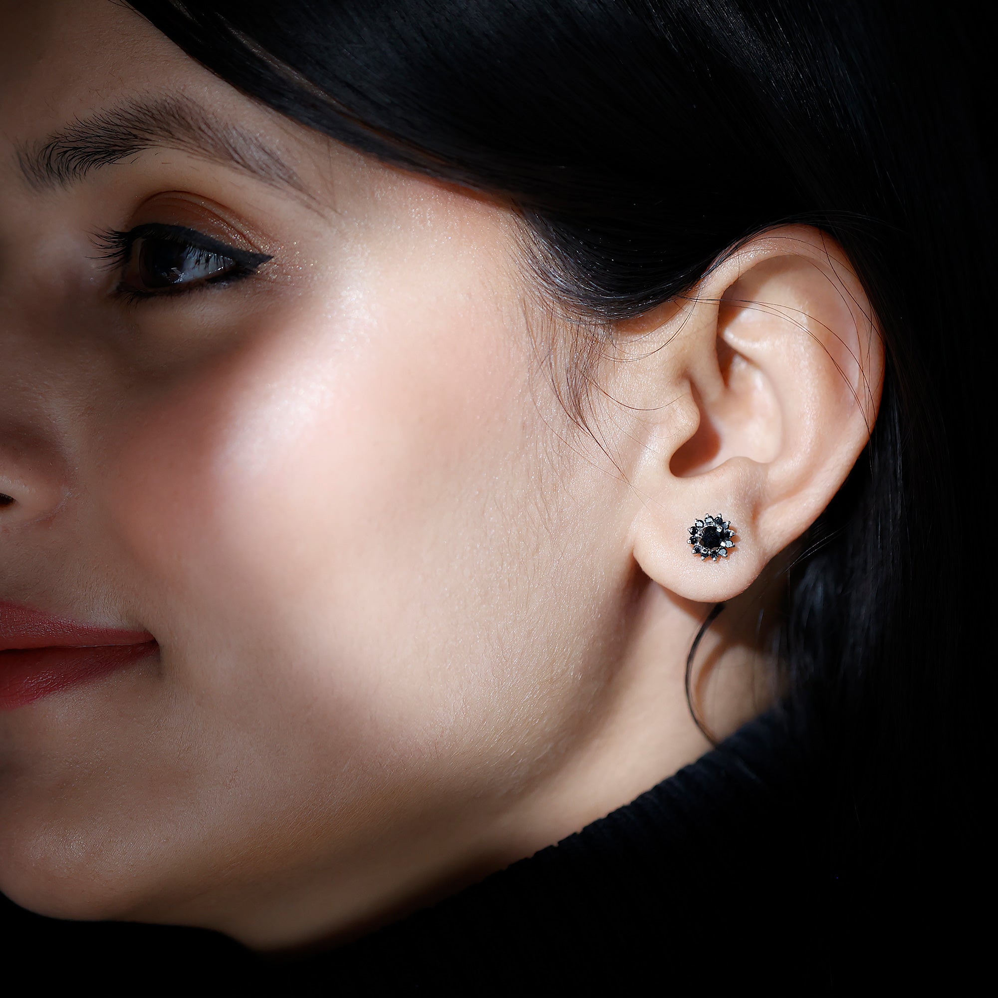 Lab Grown Black Diamond Statement Flower Earrings AAAA ( Synthetic ) - Rosec Jewels