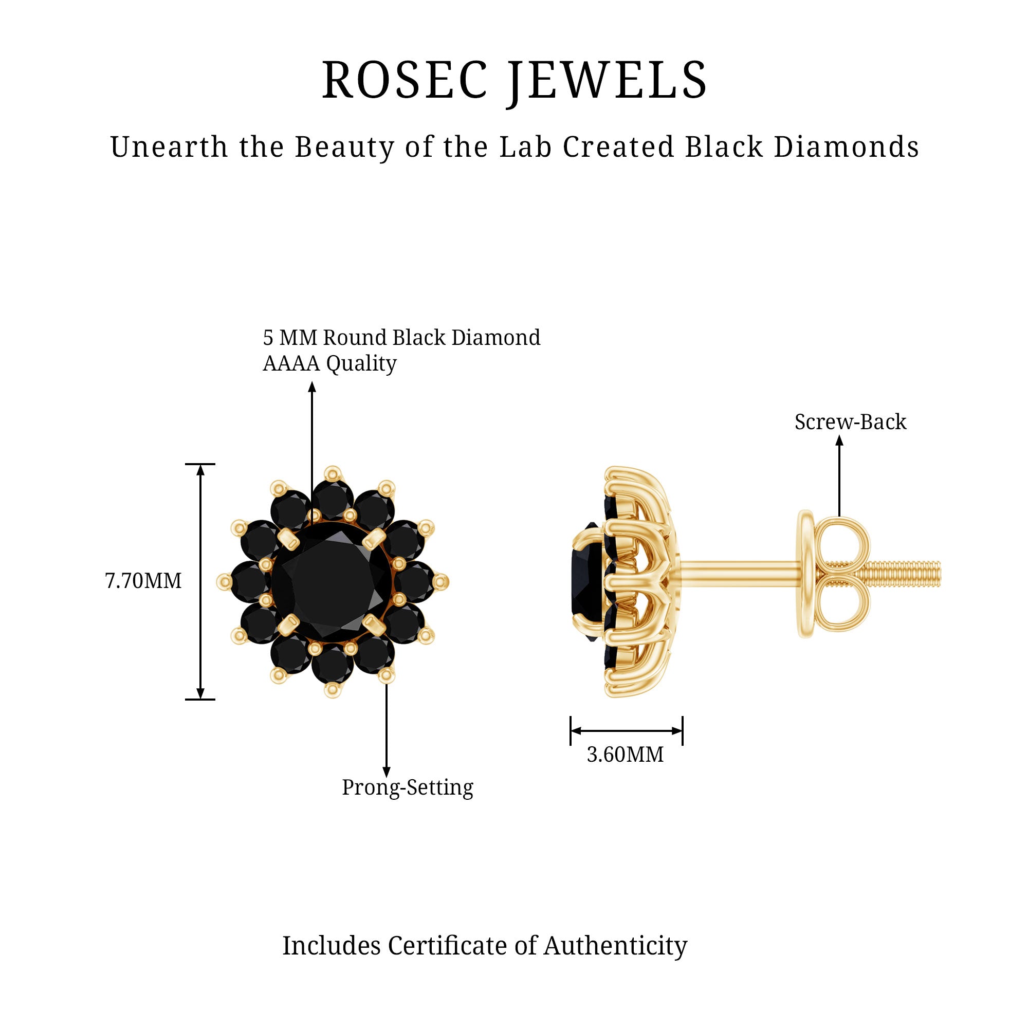 Lab Grown Black Diamond Statement Flower Earrings AAAA ( Synthetic ) - Rosec Jewels