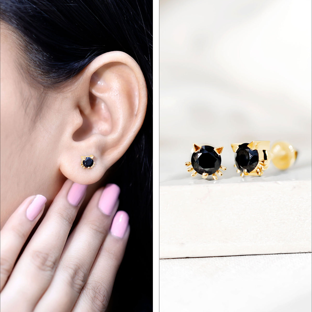 5MM Round Lab Created Black Diamond Cat Stud Earrings AAAA ( Synthetic ) - Rosec Jewels
