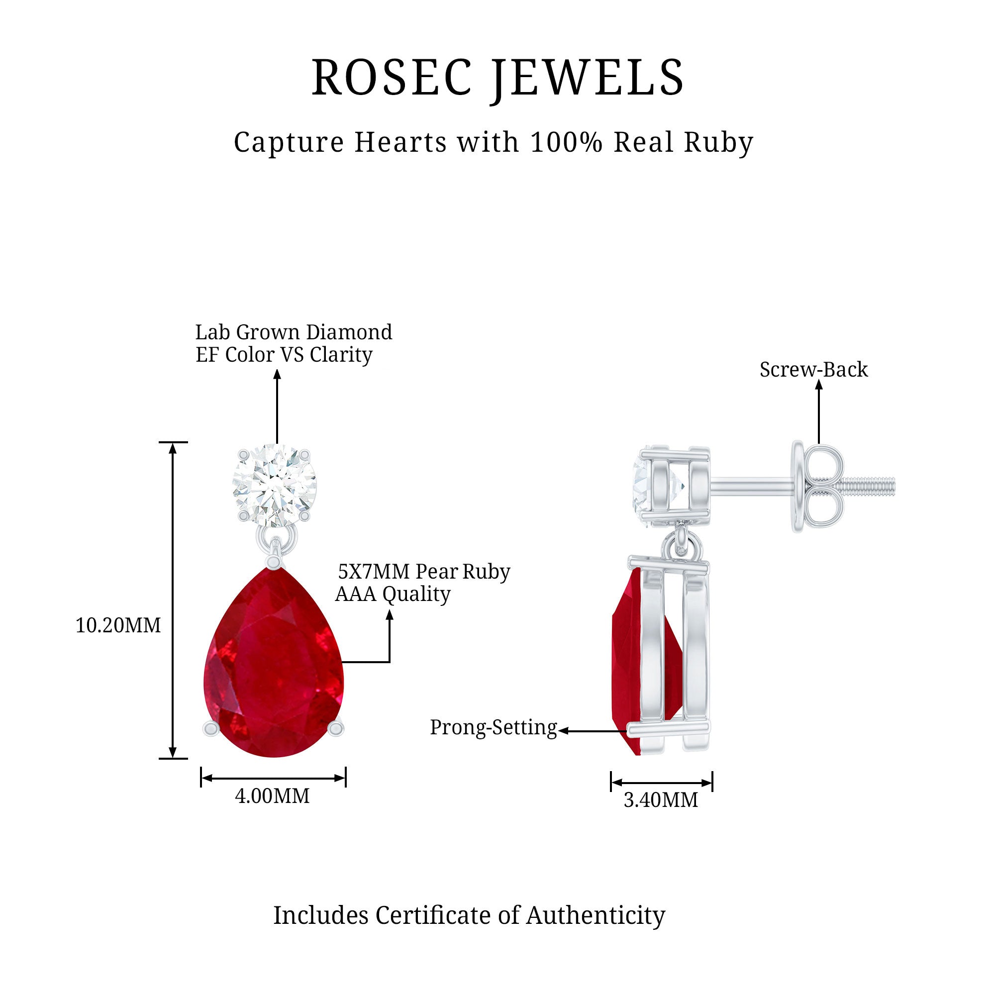 Natural Ruby Teardrop Drop Earrings with Lab Grown Diamond AAA - Rosec Jewels
