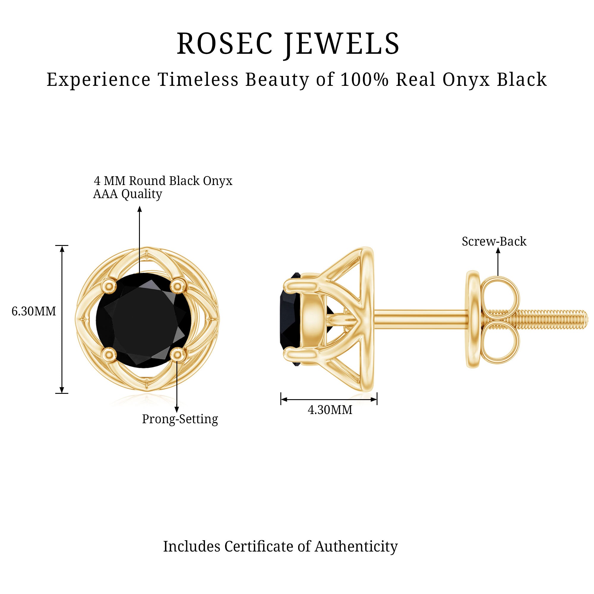 5MM Solitaire Black Onyx Floral Stud Earrings AAA - Rosec Jewels