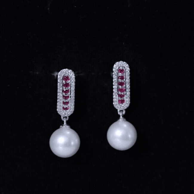 Pearl Bridal Earrings with Ruby and Diamond AAA - Rosec Jewels