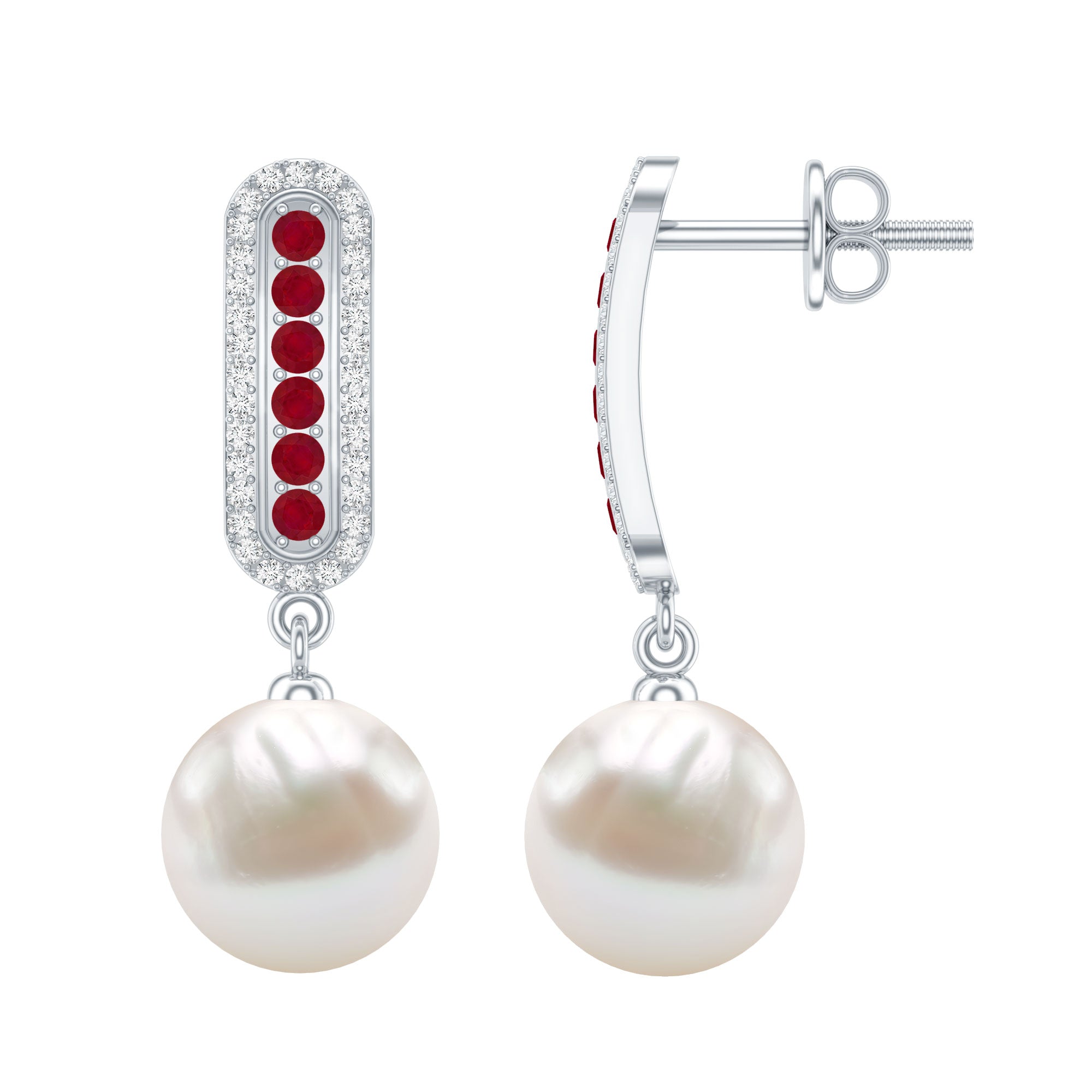 Pearl Bridal Earrings with Ruby and Diamond AAA - Rosec Jewels