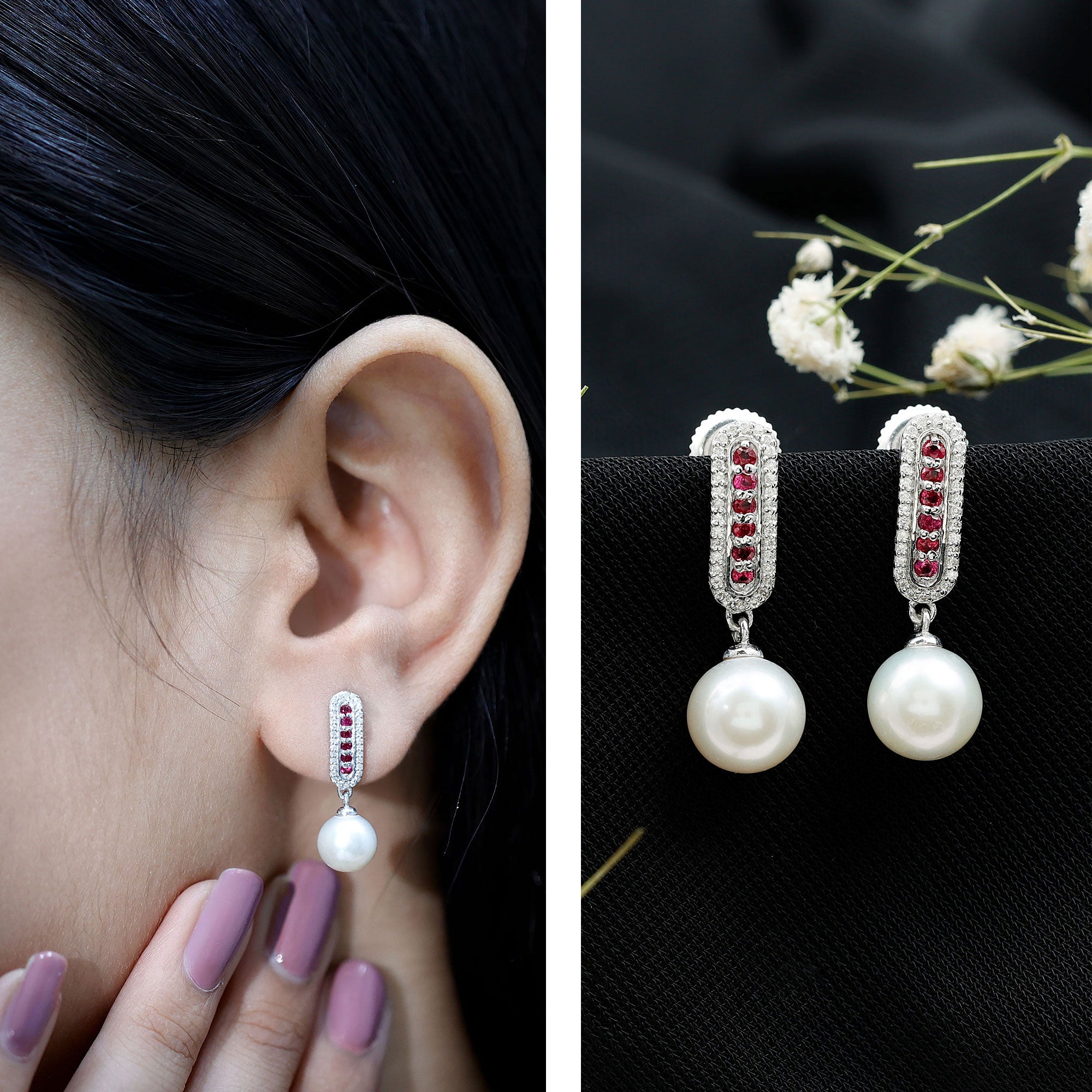 Pearl Bridal Earrings with Ruby and Diamond AAA - Rosec Jewels
