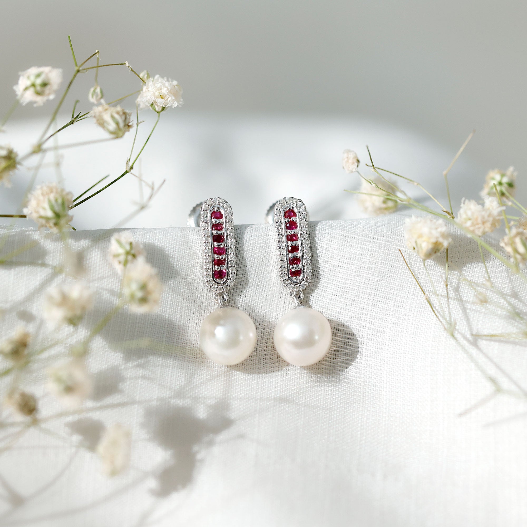 Pearl Bridal Earrings with Ruby and Diamond AAA - Rosec Jewels