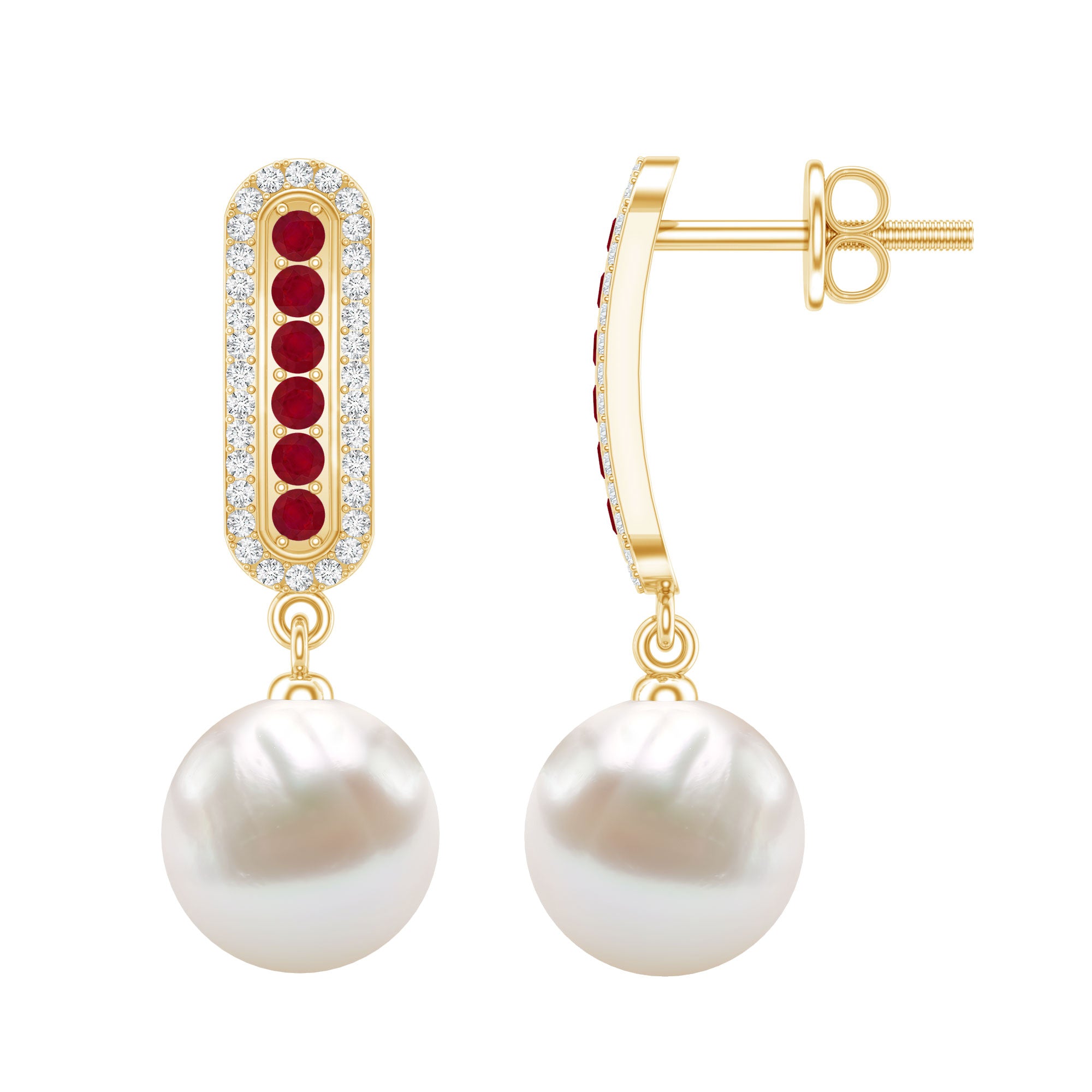 Pearl Bridal Earrings with Ruby and Diamond AAA - Rosec Jewels