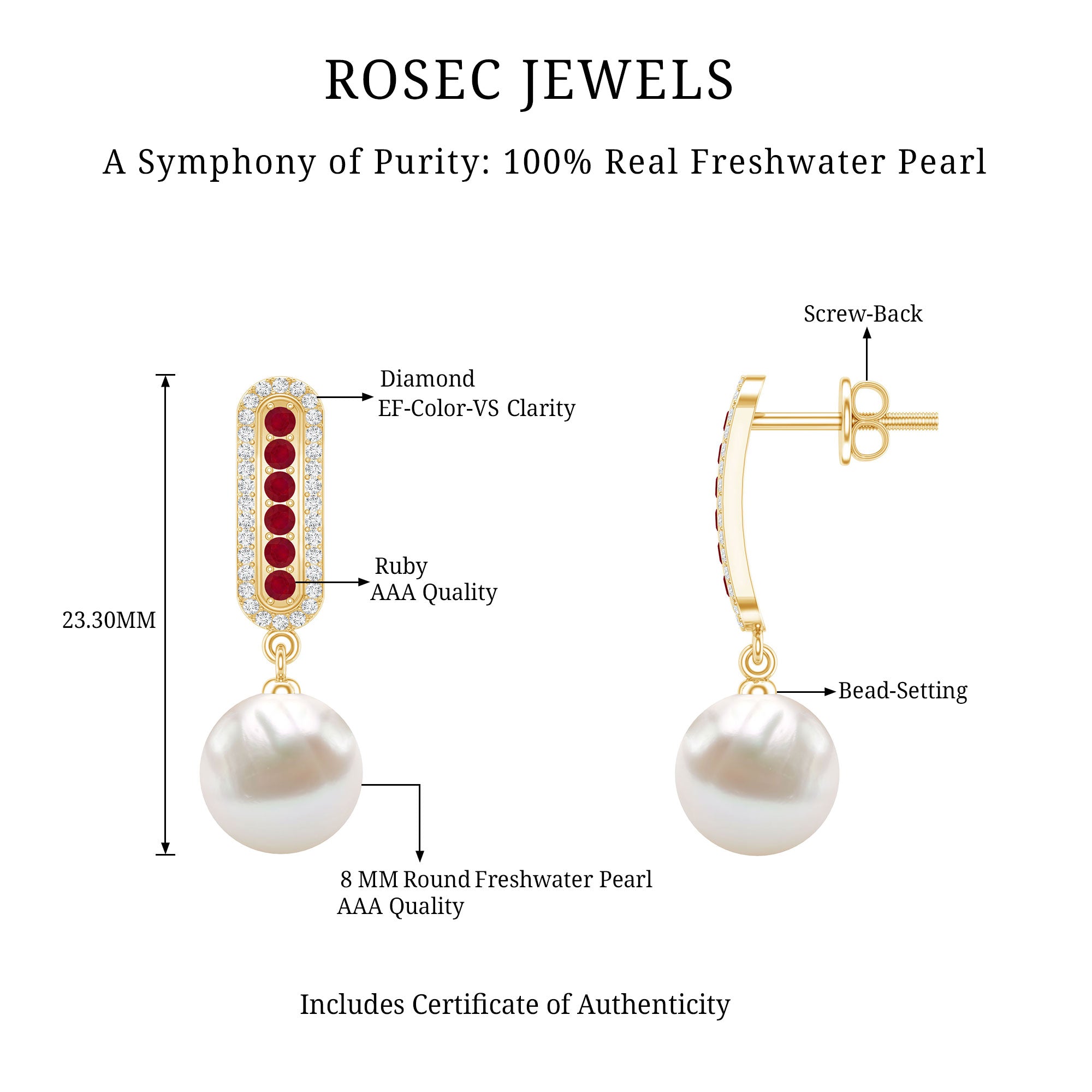 Pearl Bridal Earrings with Ruby and Diamond AAA - Rosec Jewels
