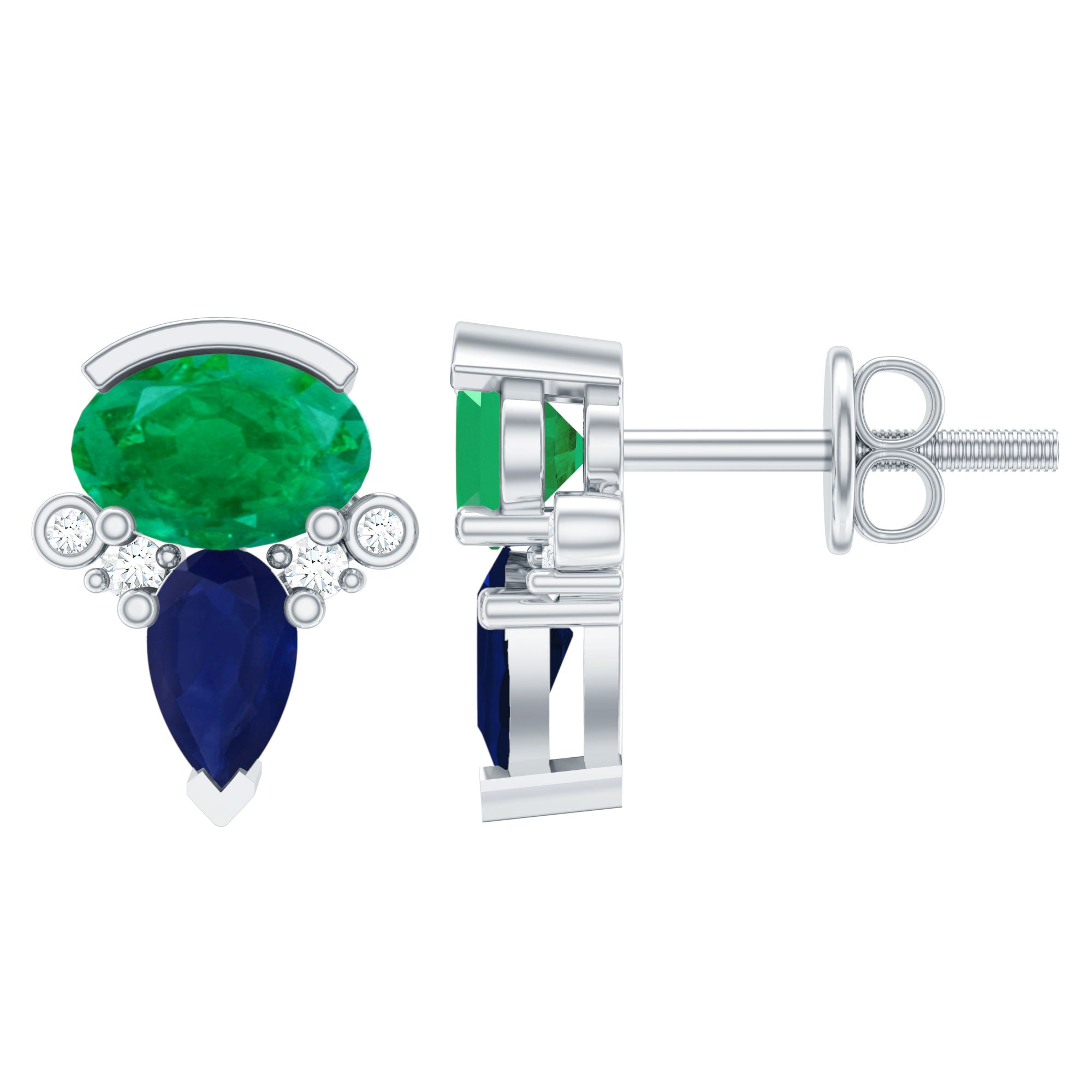 Blue Sapphire and Emerald Vintage Stud Earrings with Diamond