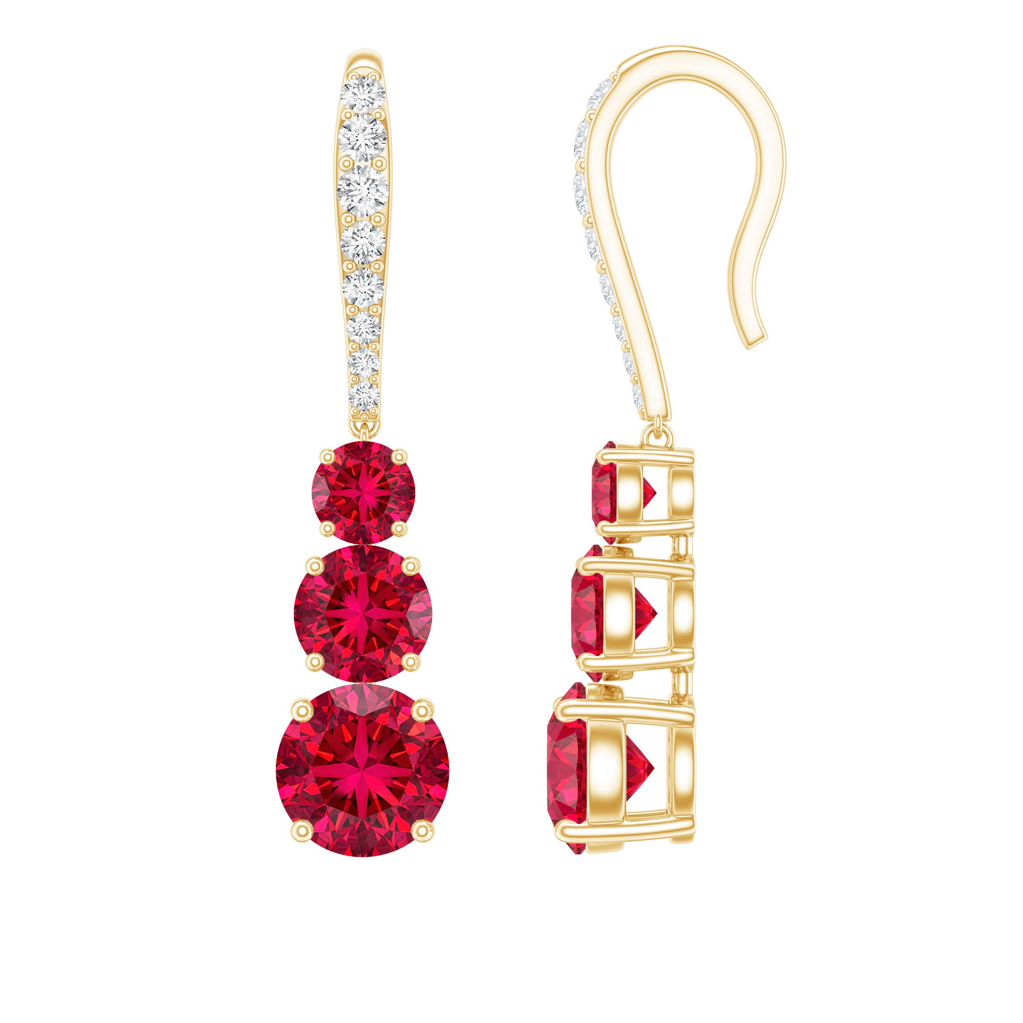 2.50 CT Lab Created Ruby Three Stone Dangle Earrings with Moissanite AAAA - Rosec Jewels