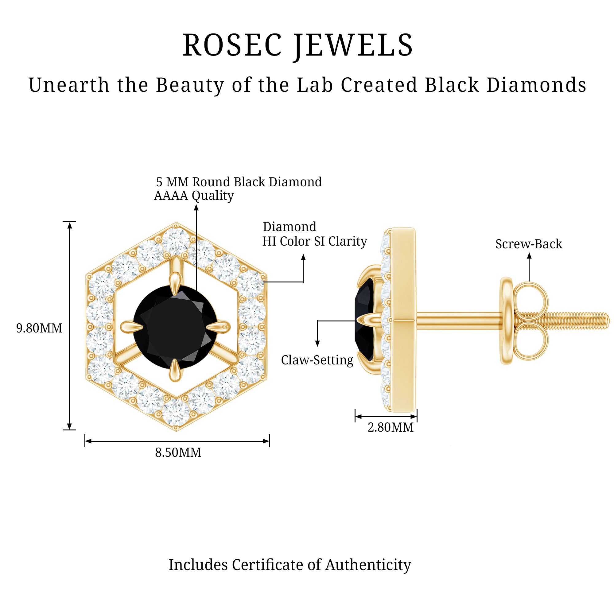 Lab Created Black Diamond and Diamond Geometric Stud Earrings AAAA ( Synthetic ) - Rosec Jewels