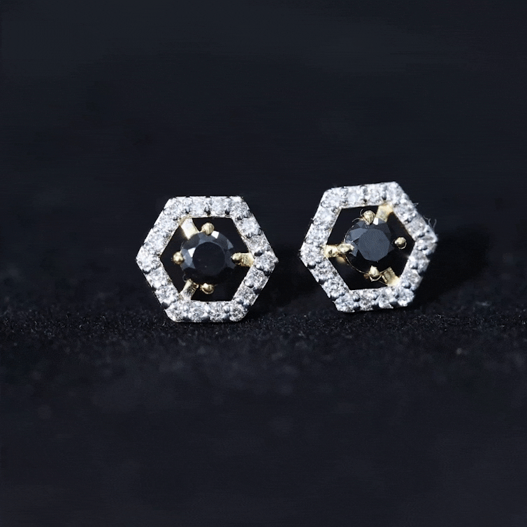 1 CT Black Spinel and Diamond Hexagon Stud Earrings AAA - Rosec Jewels