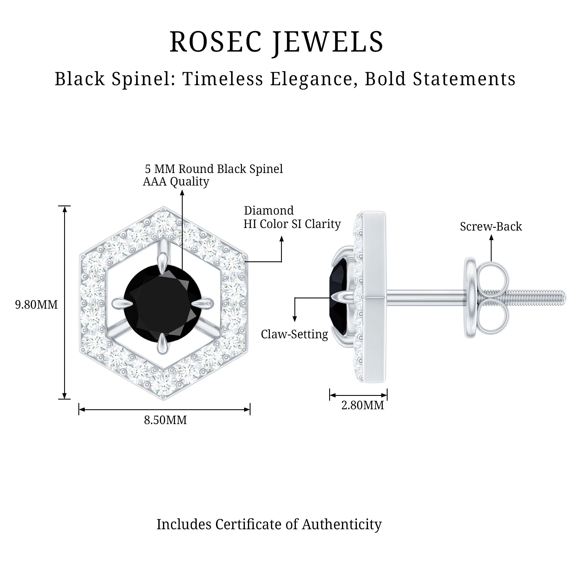 1 CT Black Spinel and Diamond Hexagon Stud Earrings AAA - Rosec Jewels