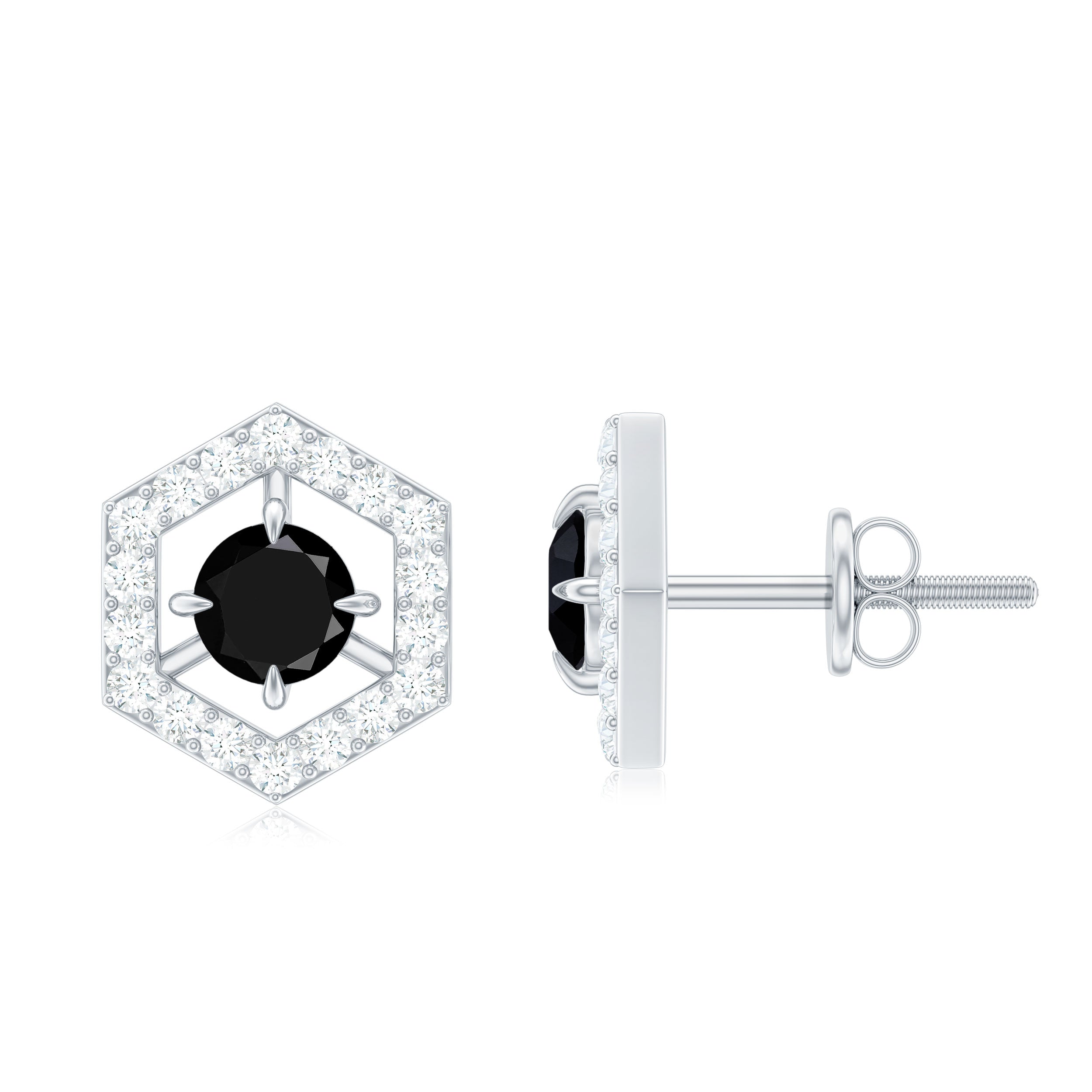 1 CT Black Spinel and Diamond Hexagon Stud Earrings AAA - Rosec Jewels