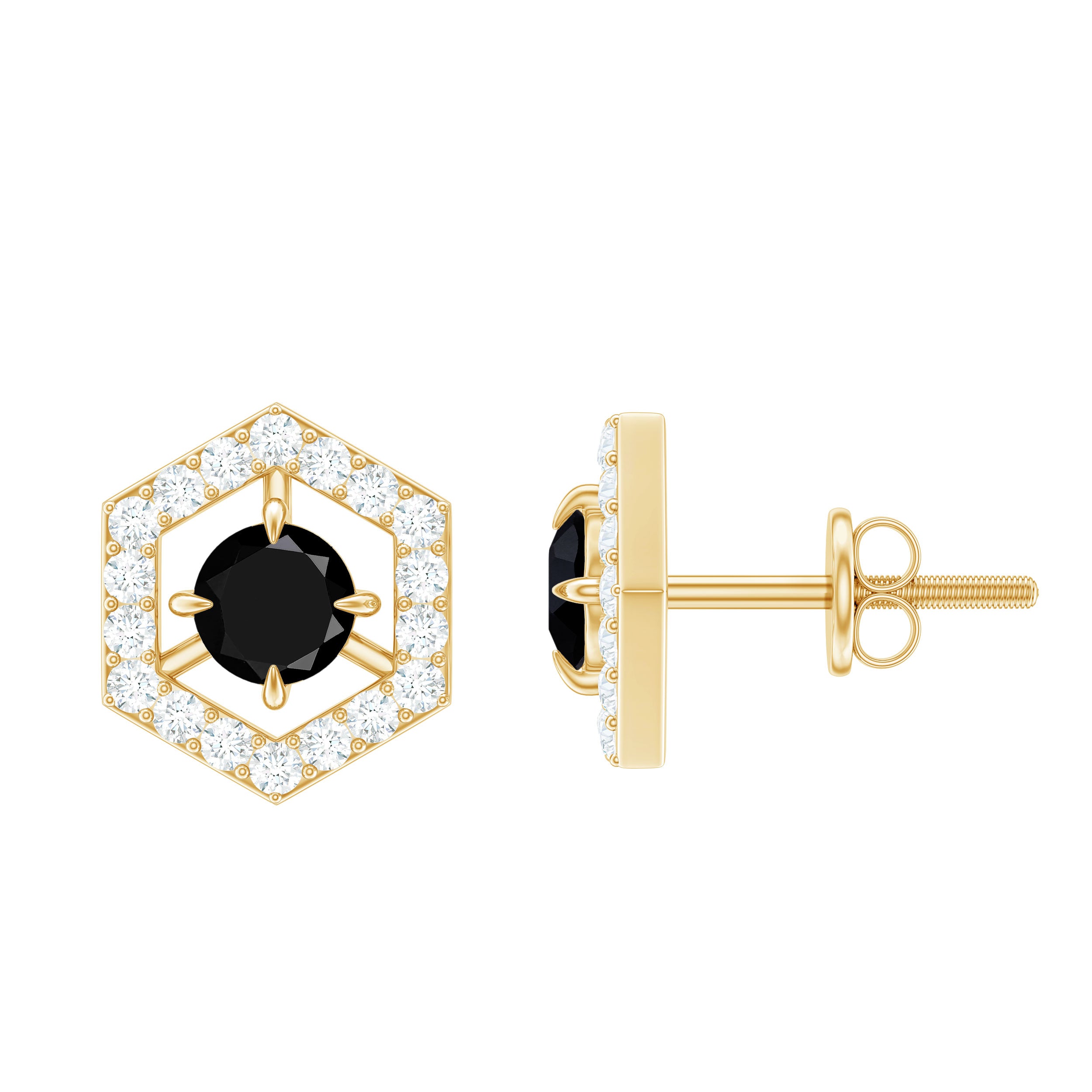 1 CT Black Spinel and Diamond Hexagon Stud Earrings AAA - Rosec Jewels
