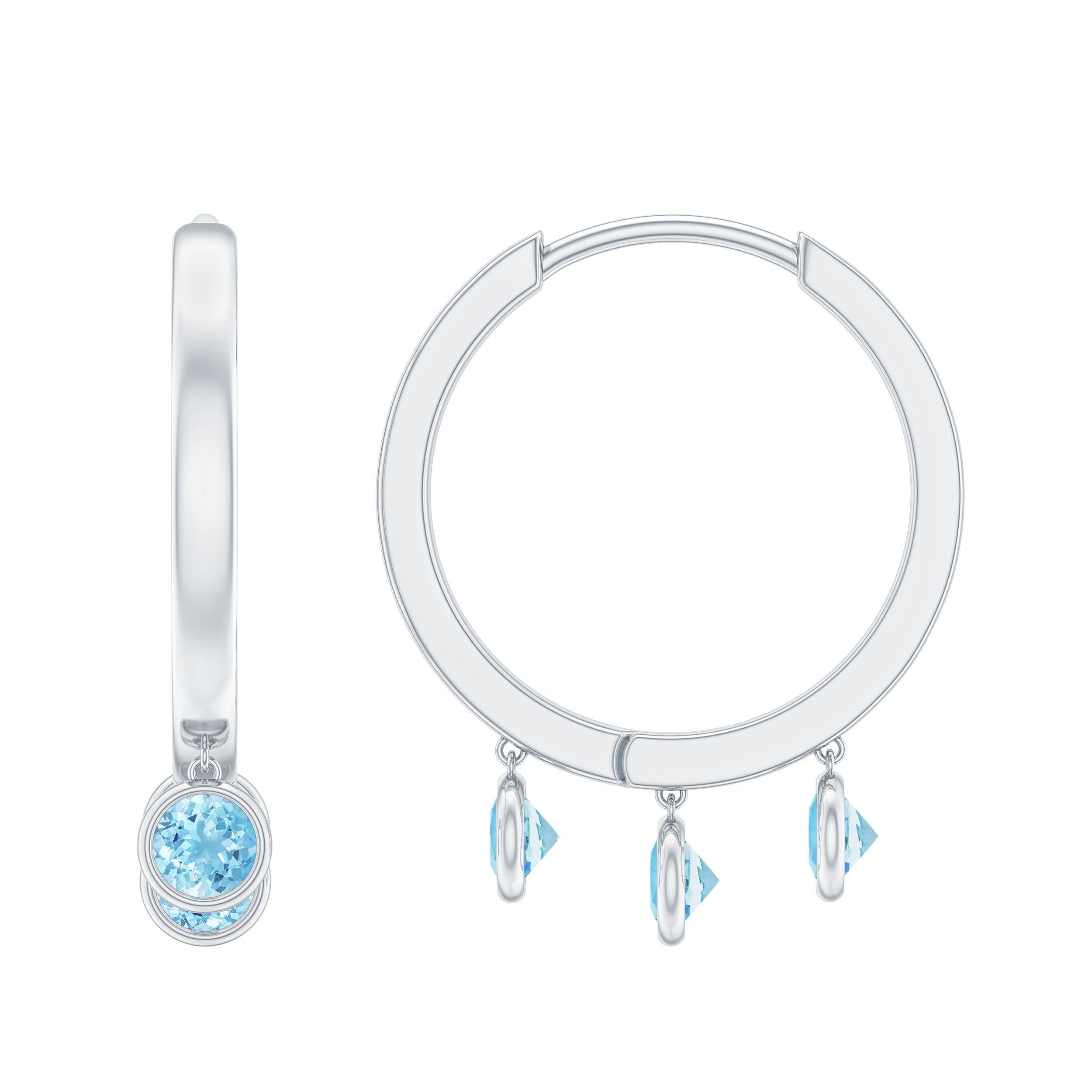 Three Stone Aquamarine Gold Hoop Earring in Bezel Setting
