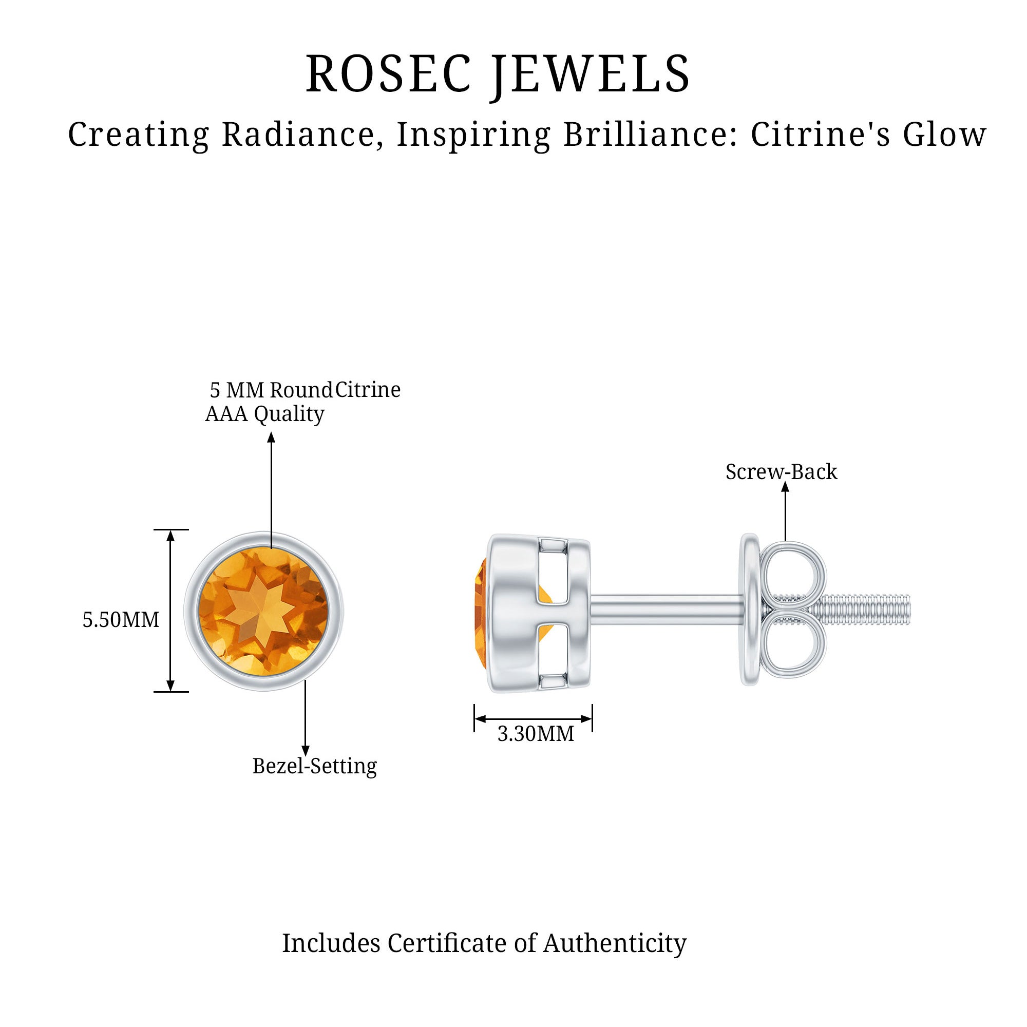 Solitaire 1 Carat Citrine Stud Earrings in Bezel Setting AAA - Rosec Jewels