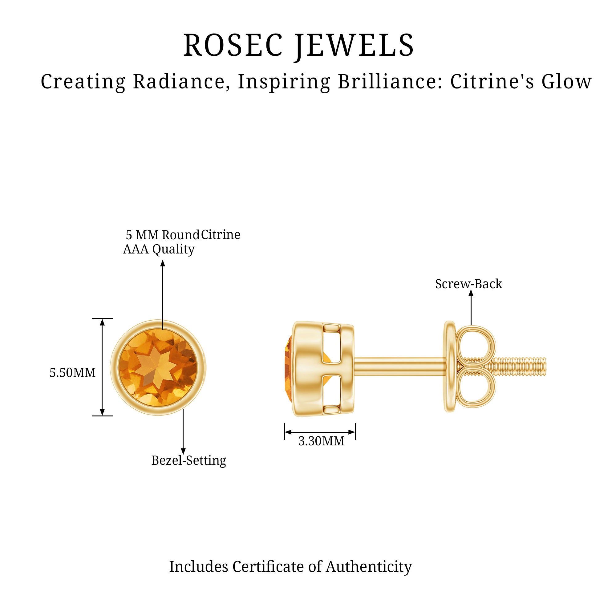 Solitaire 1 Carat Citrine Stud Earrings in Bezel Setting AAA - Rosec Jewels