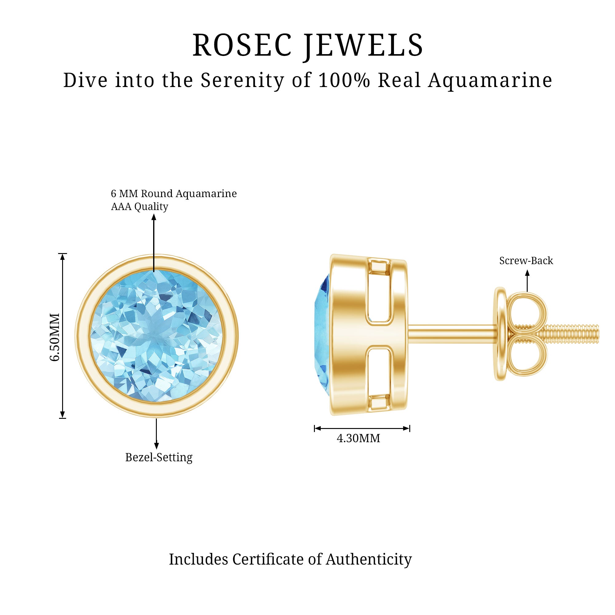 Natural 1.6 Carat Aquamarine Stud Earrings in Bezel Setting AAA - Rosec Jewels