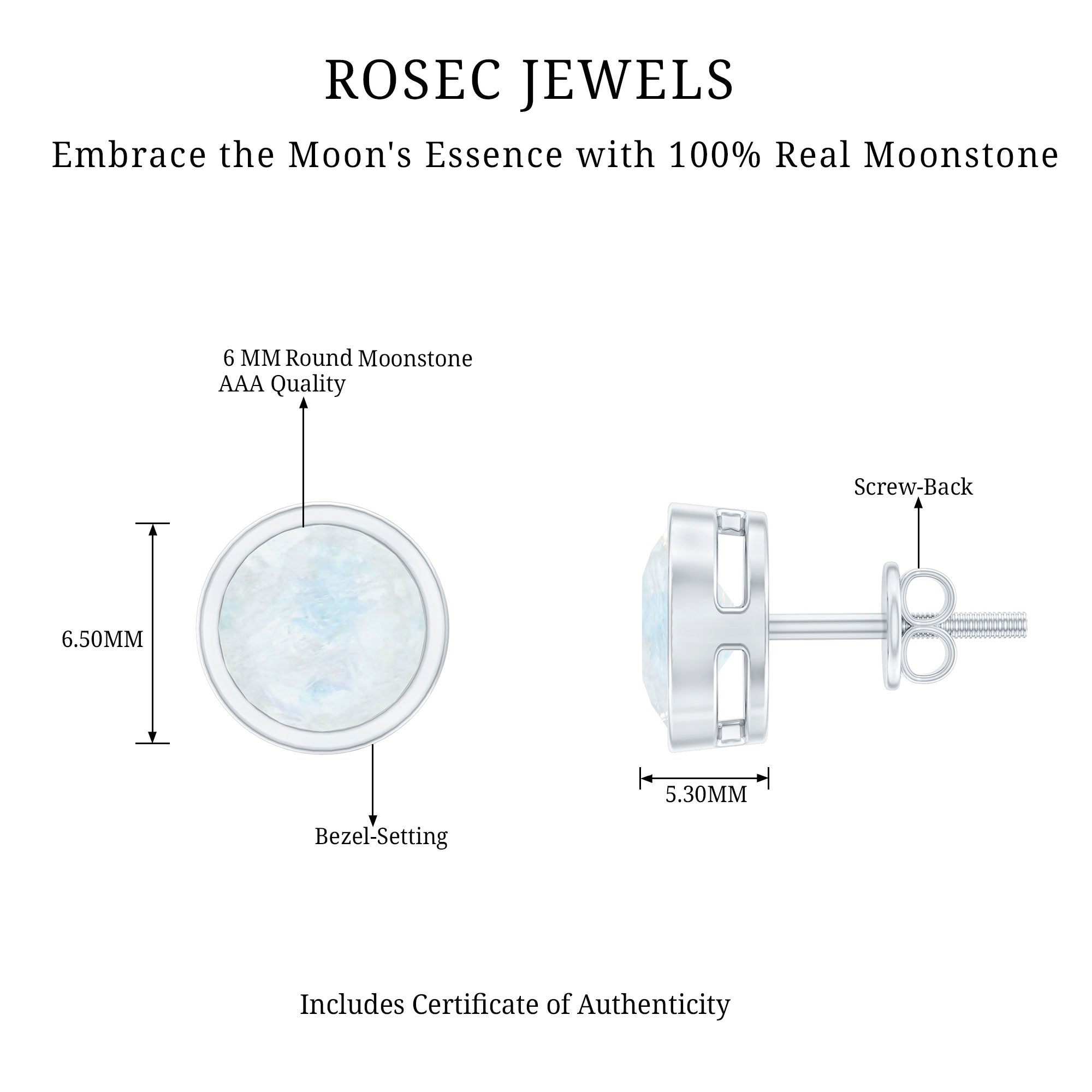Real Moonstone Solitaire Stud Earrings in Bezel Setting AAA - Rosec Jewels
