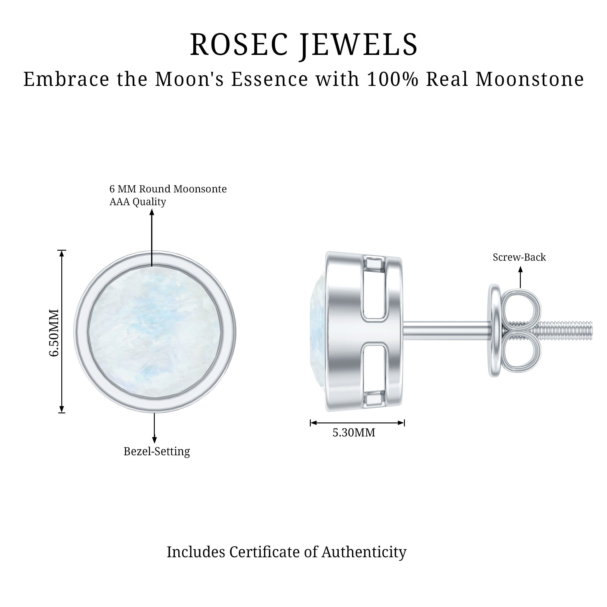 Real Moonstone Solitaire Stud Earrings in Bezel Setting AAA - Rosec Jewels