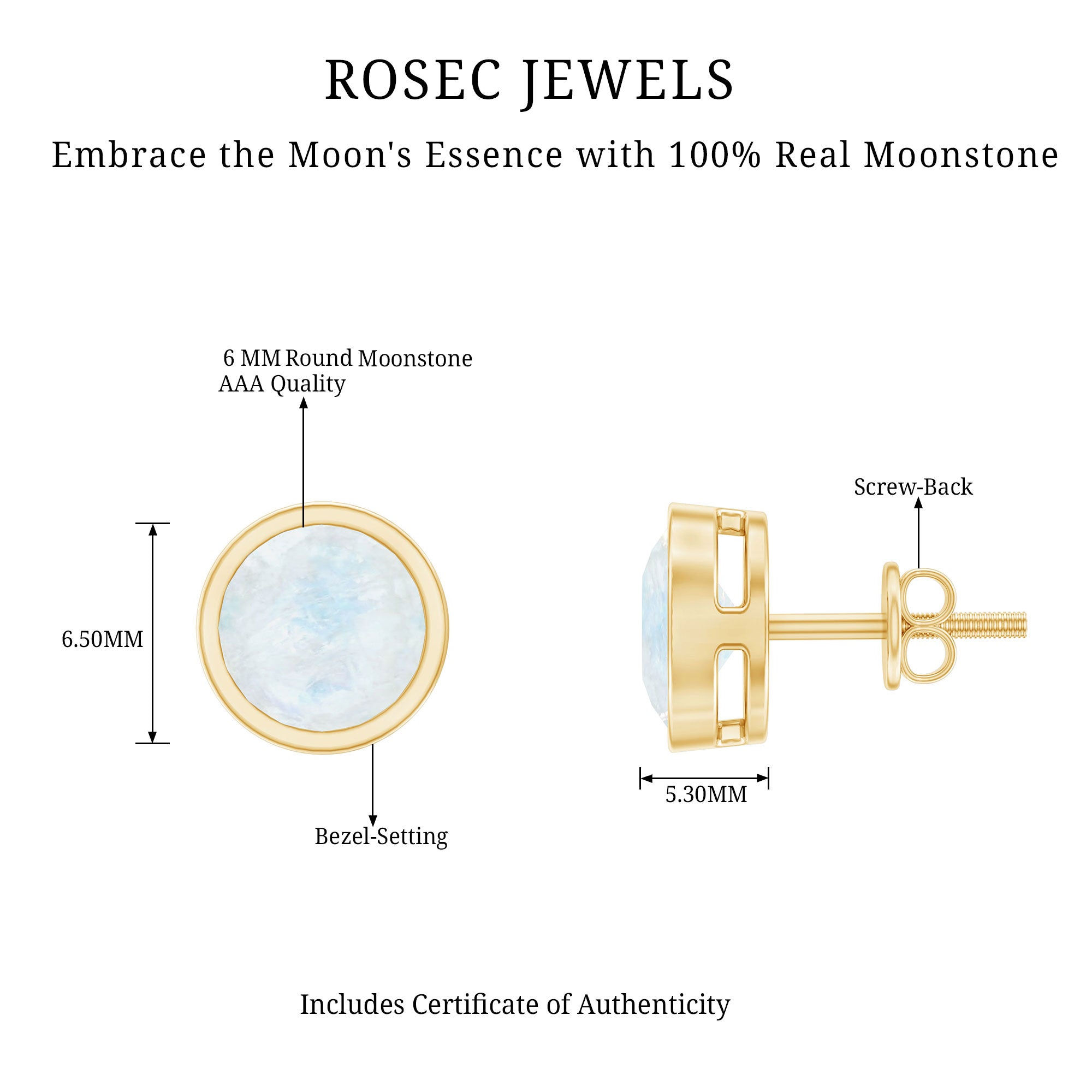 Real Moonstone Solitaire Stud Earrings in Bezel Setting AAA - Rosec Jewels