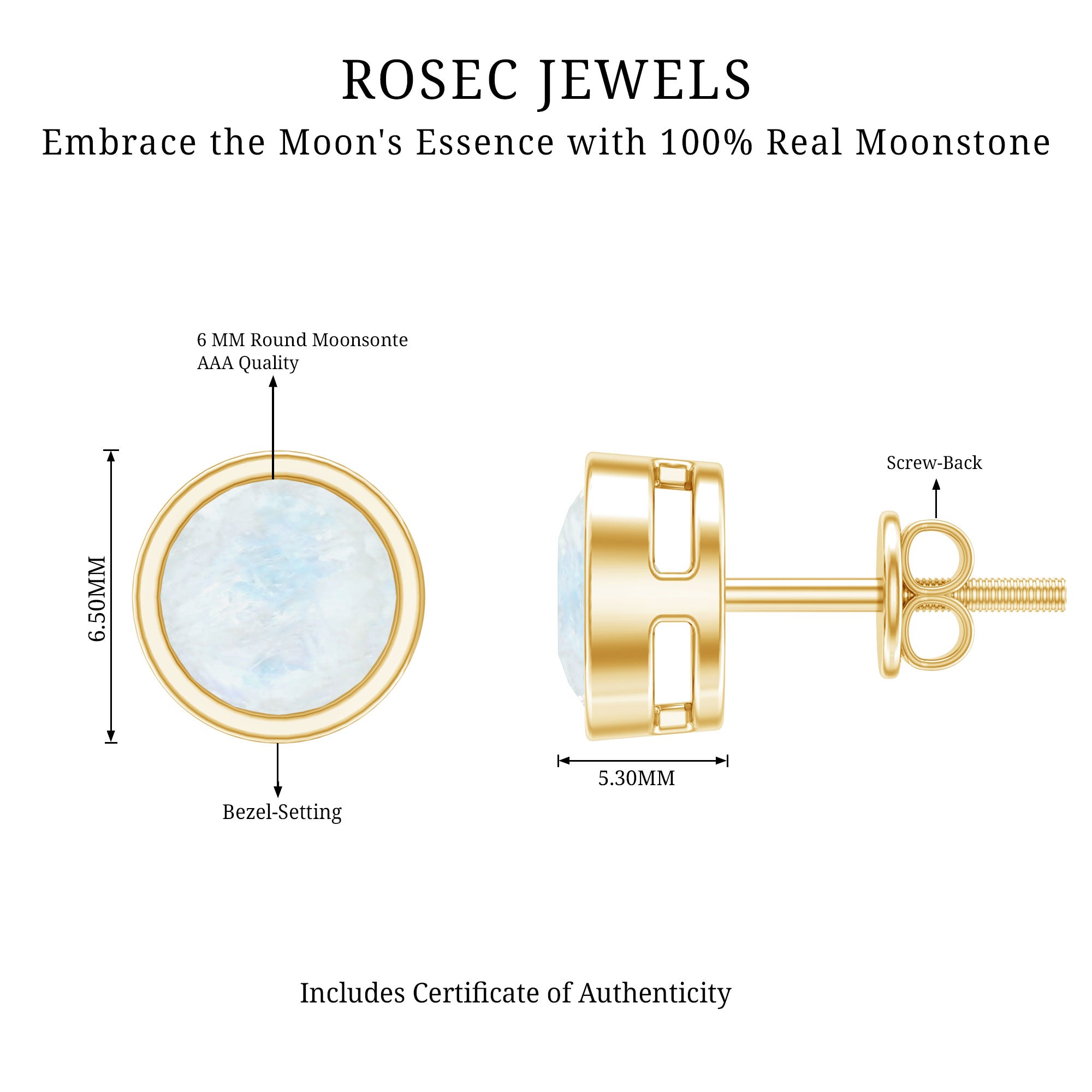 Real Moonstone Solitaire Stud Earrings in Bezel Setting AAA - Rosec Jewels