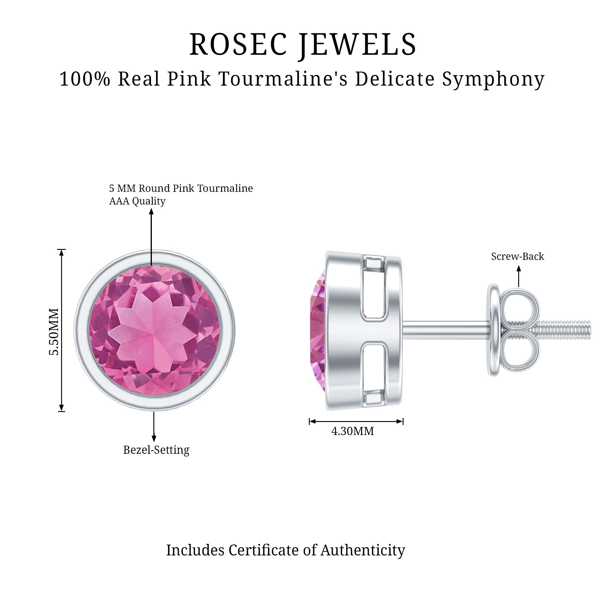 Round Pink Tourmaline Solitaire Stud Earrings AAA - Rosec Jewels
