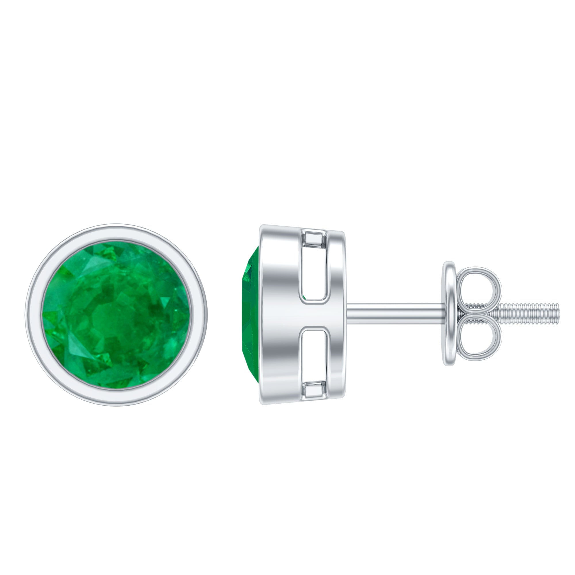 Bezel Set Round Emerald Solitaire Stud Earrings AAA - Rosec Jewels