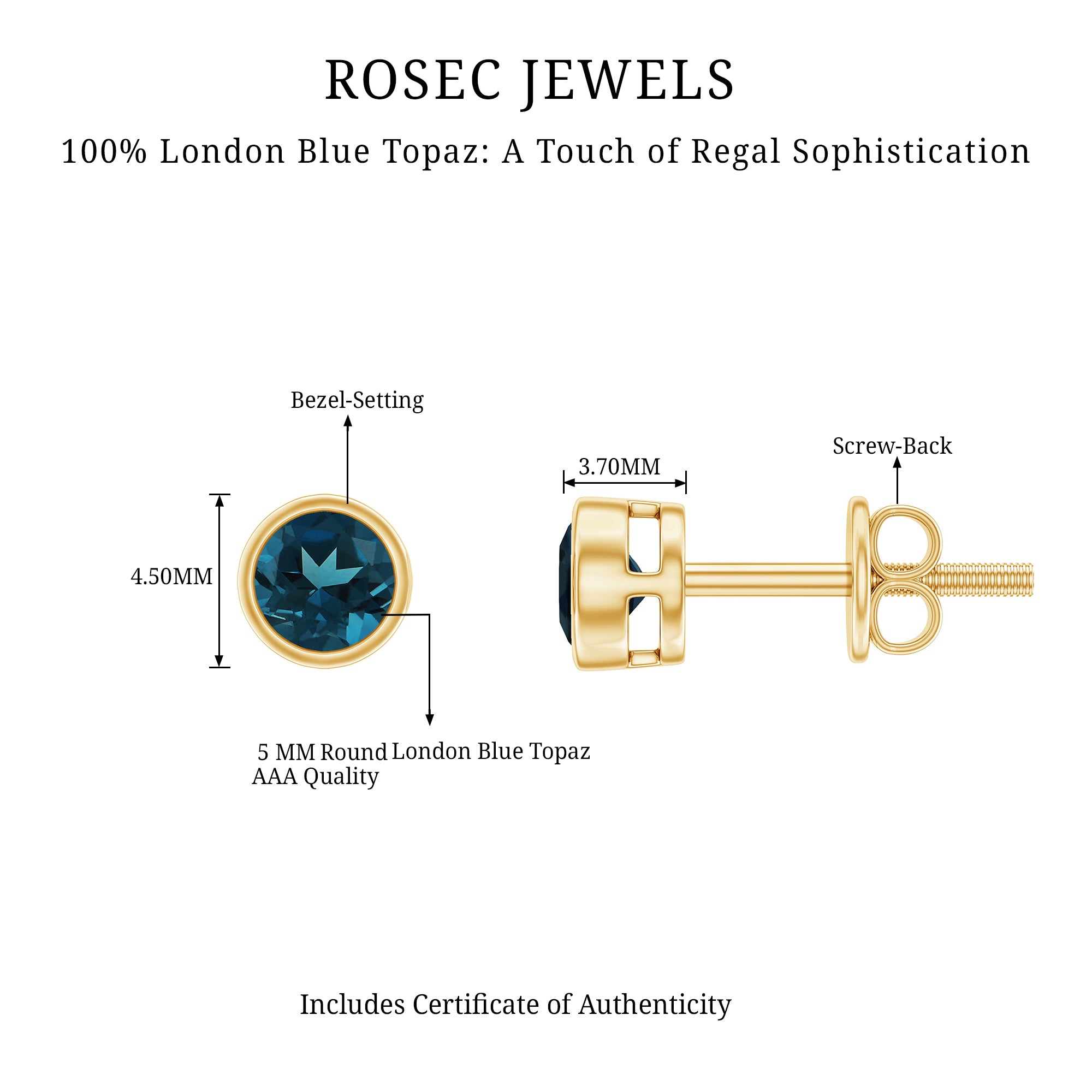 Bezel Set Round London Blue Topaz Solitaire Stud Earrings AAA - Rosec Jewels