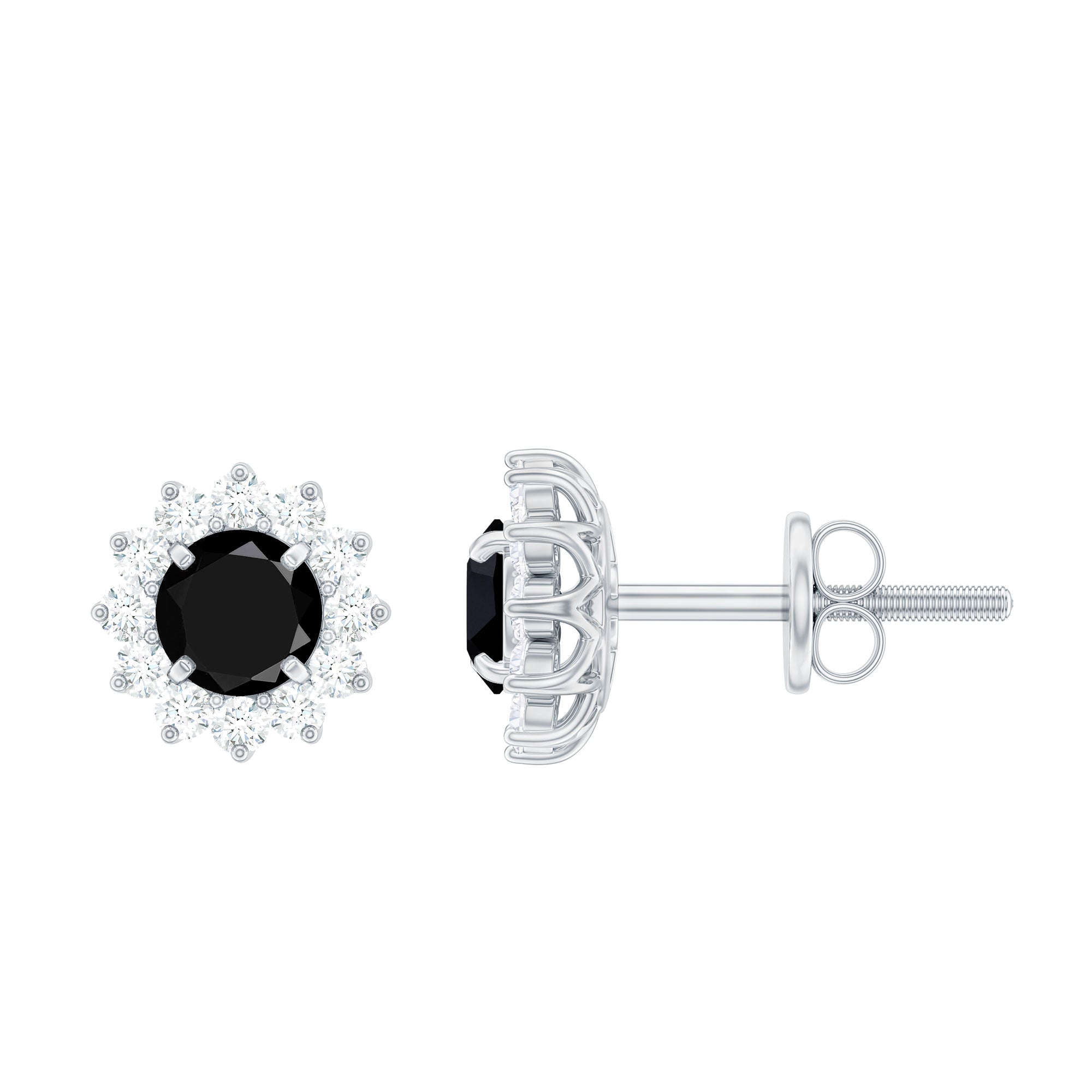 Classic Black Diamond Stud Earrings with White Diamond Halo
