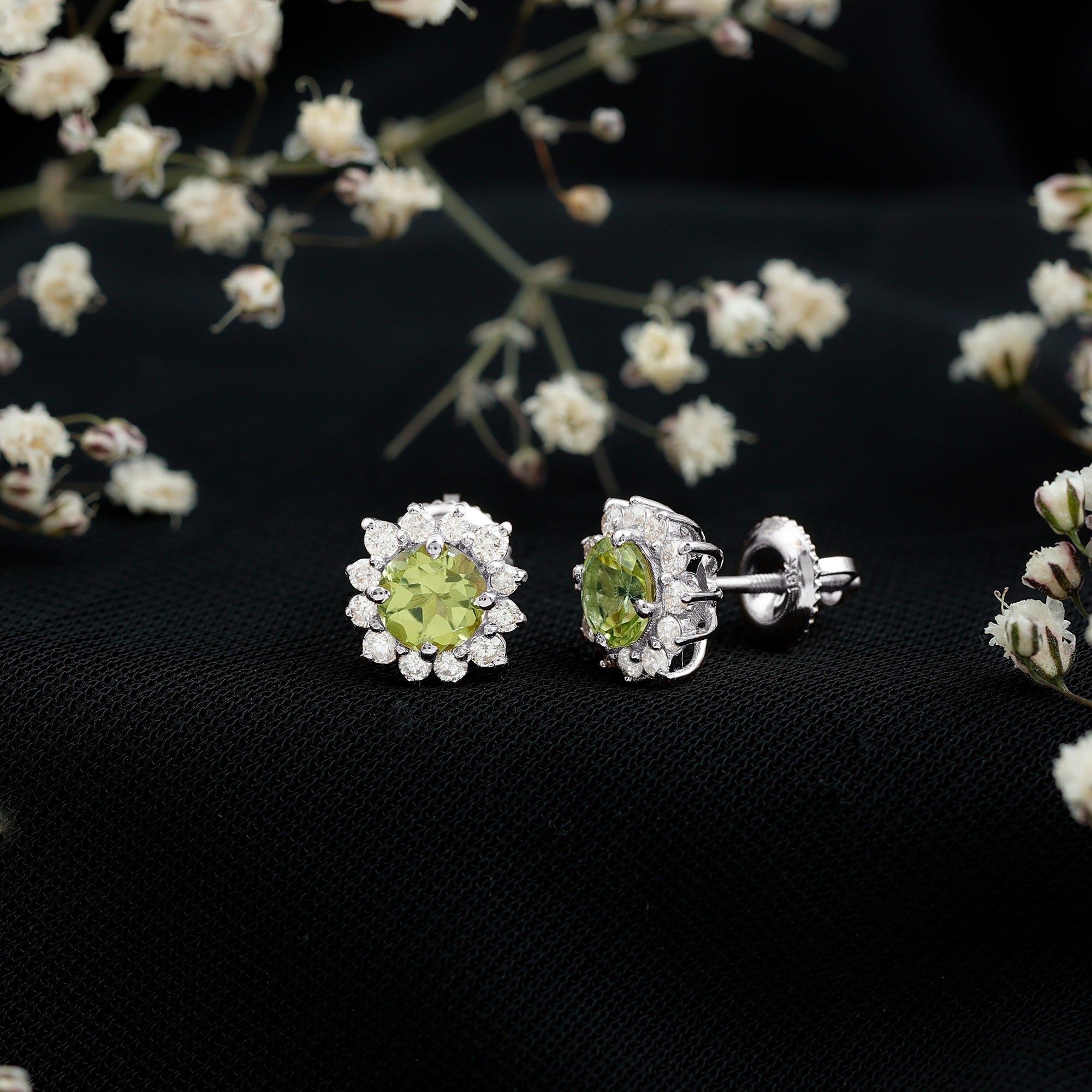 1 Carat Peridot Stud Earrings with Diamond Halo AAA - Rosec Jewels