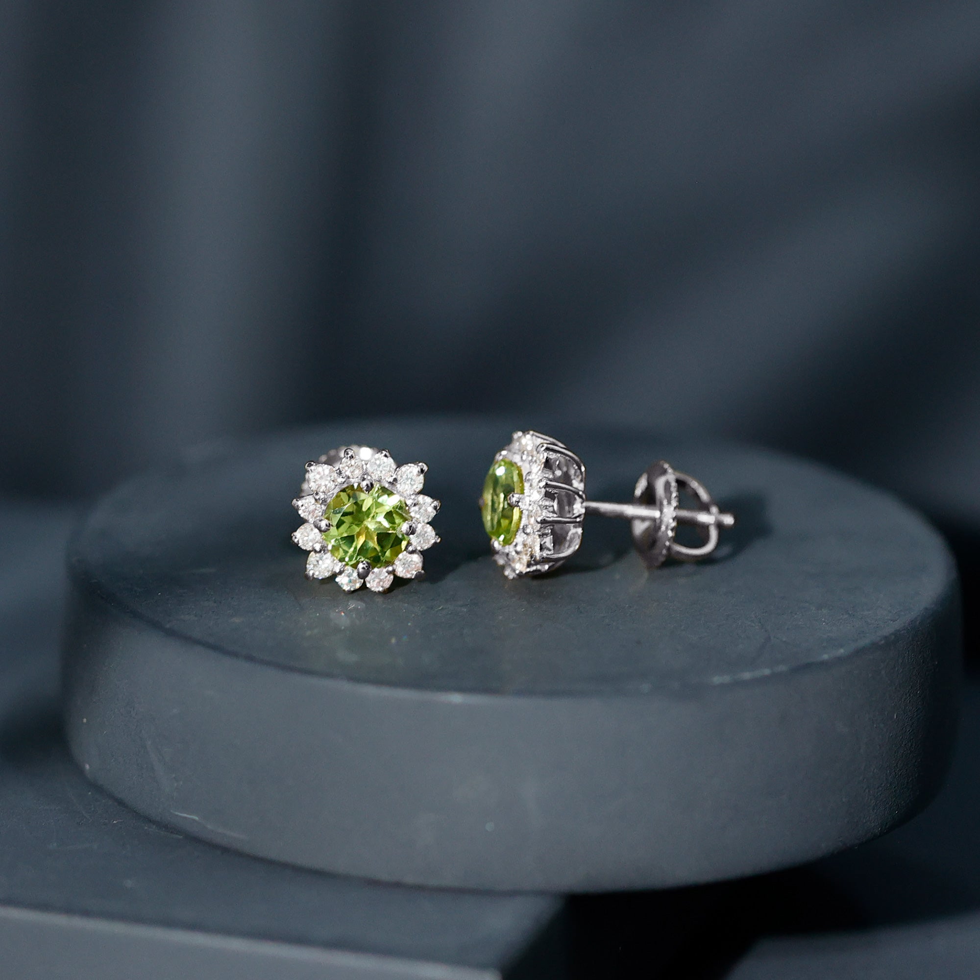 1 Carat Peridot Stud Earrings with Diamond Halo AAA - Rosec Jewels