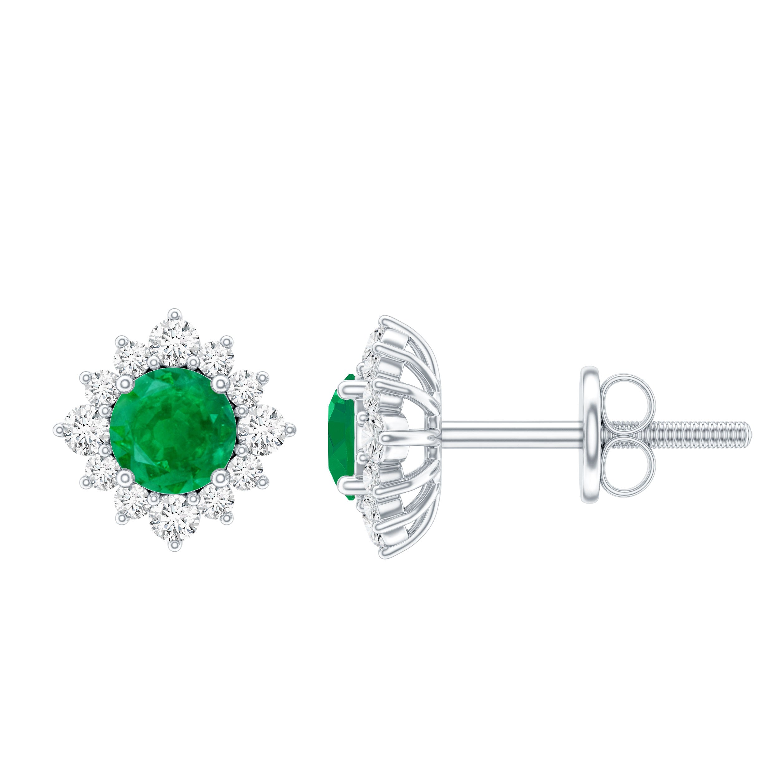 Real Emerald Stud Earrings with Diamond Halo AAA - Rosec Jewels