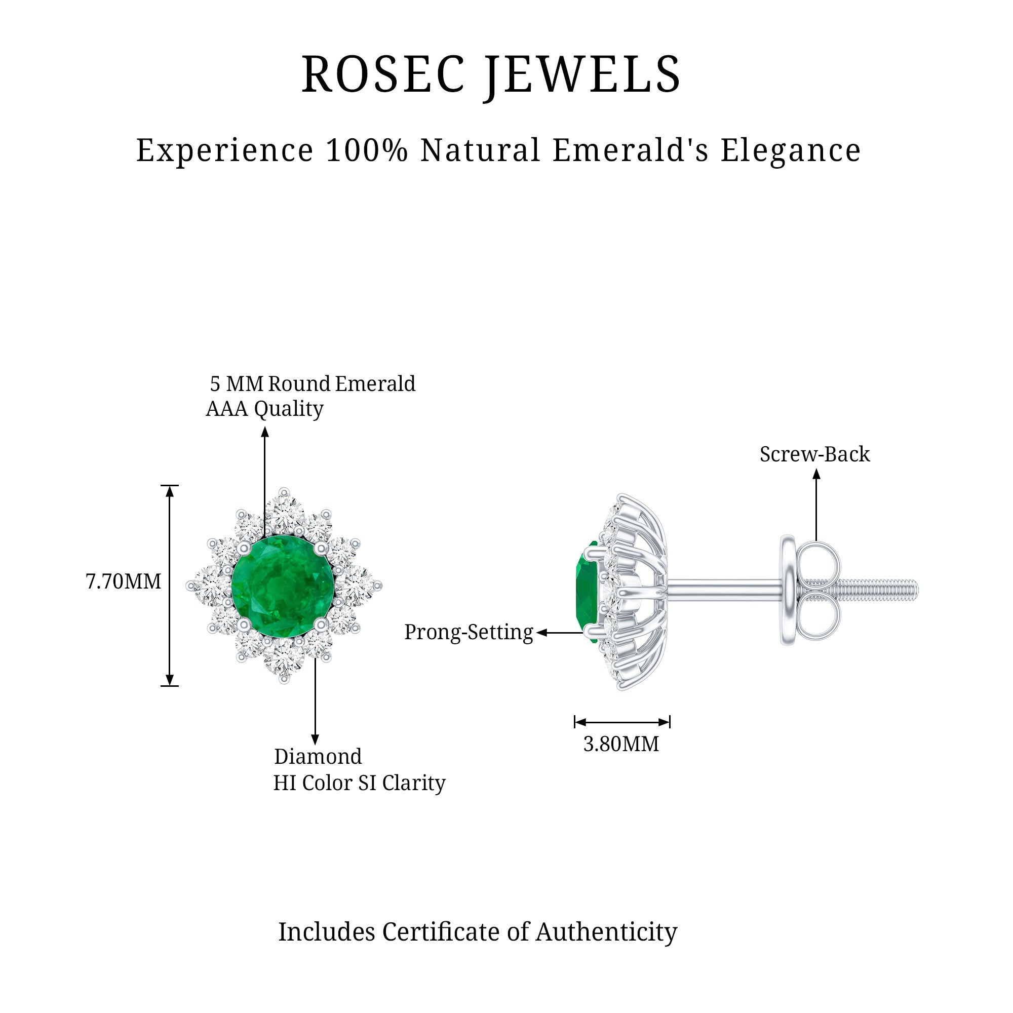 Real Emerald Stud Earrings with Diamond Halo AAA - Rosec Jewels