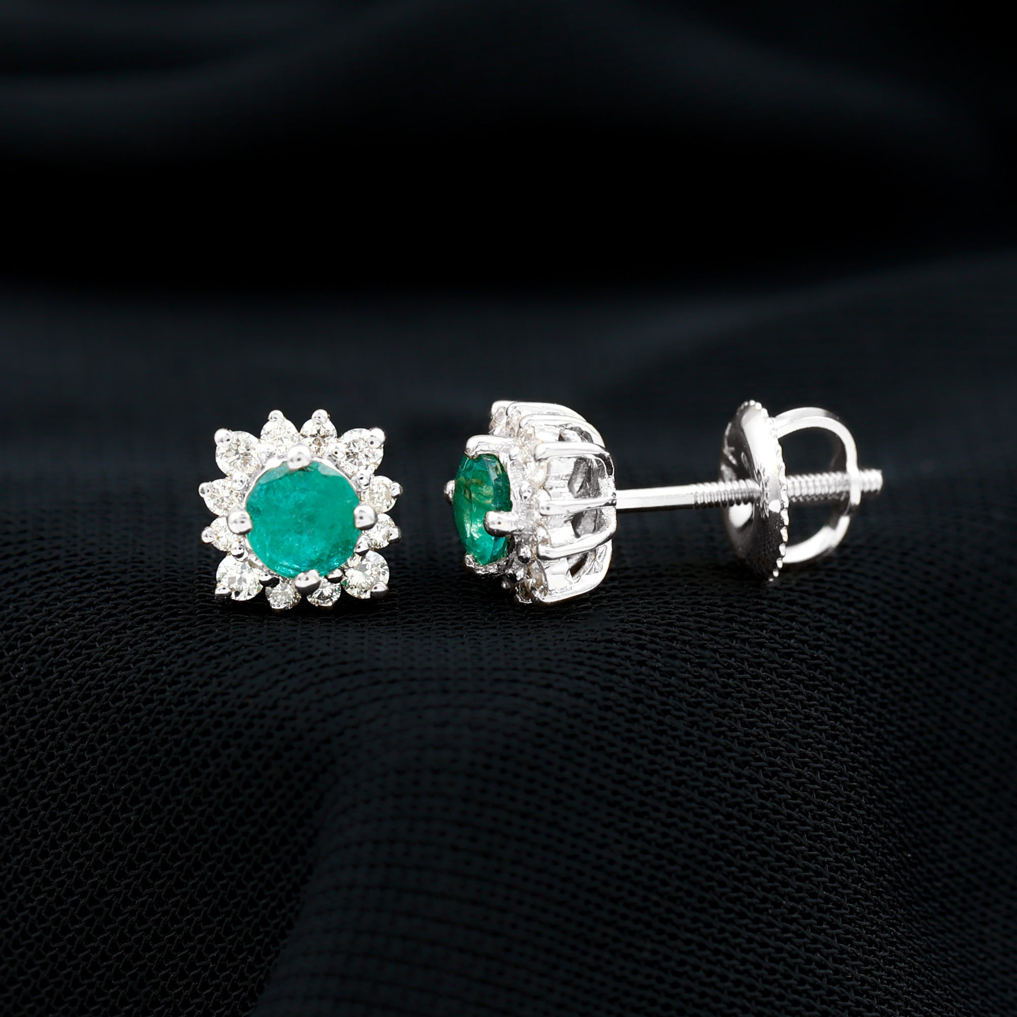 Real Emerald Stud Earrings with Diamond Halo AAA - Rosec Jewels