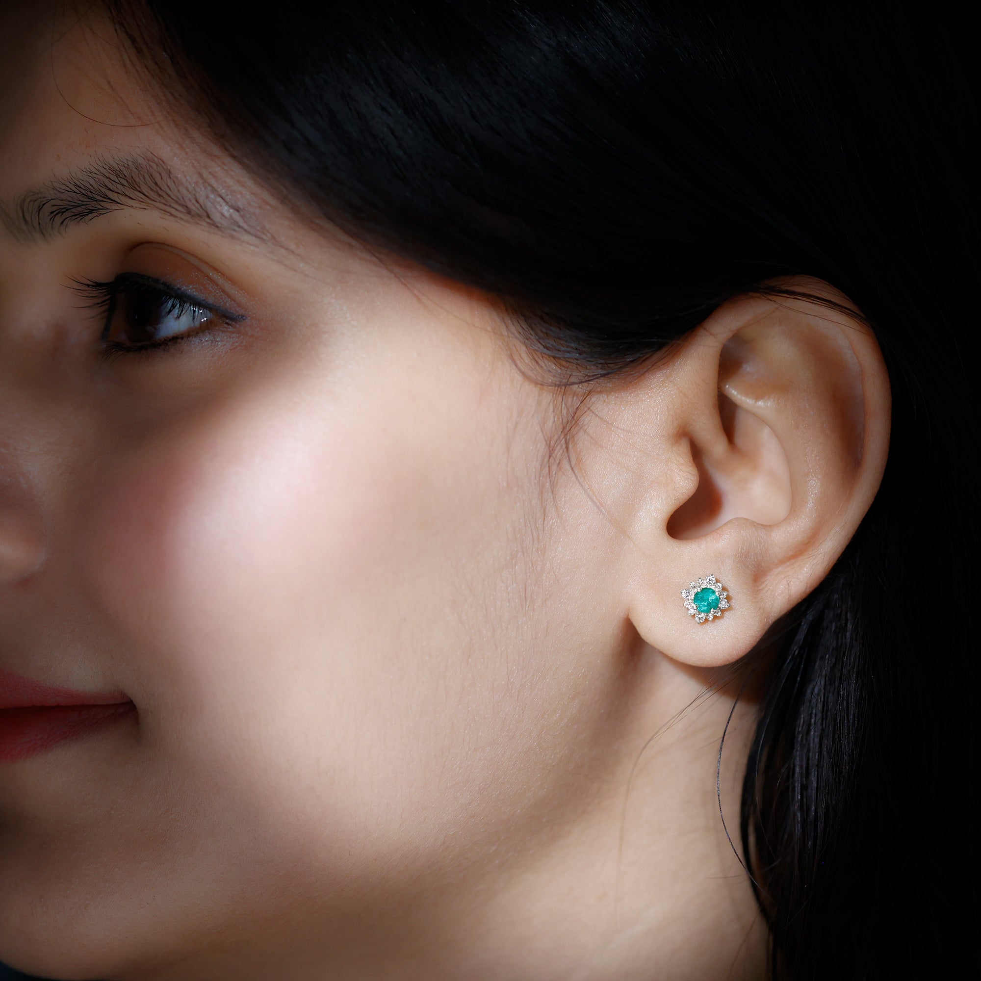 Real Emerald Stud Earrings with Diamond Halo AAA - Rosec Jewels
