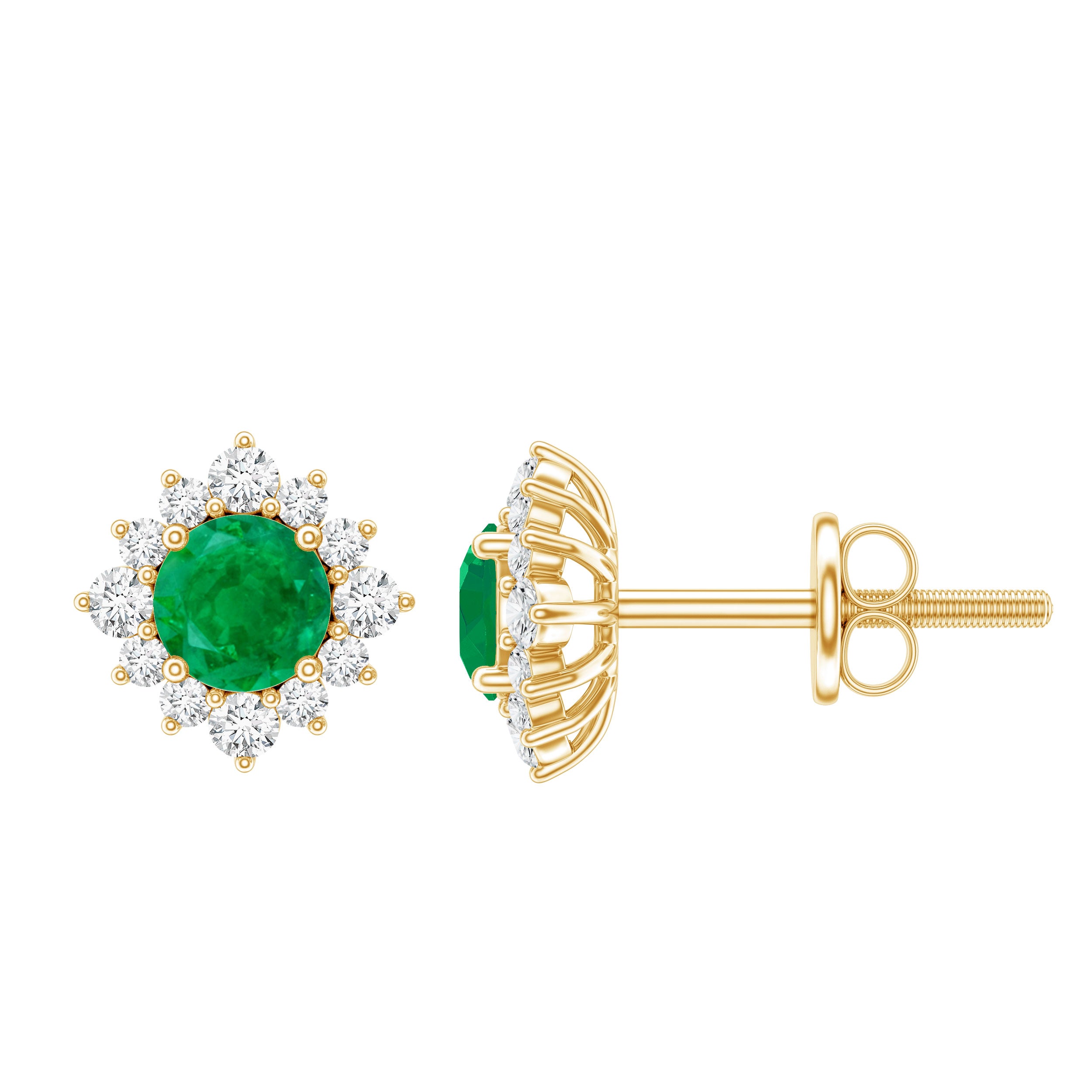 Real Emerald Stud Earrings with Diamond Halo AAA - Rosec Jewels
