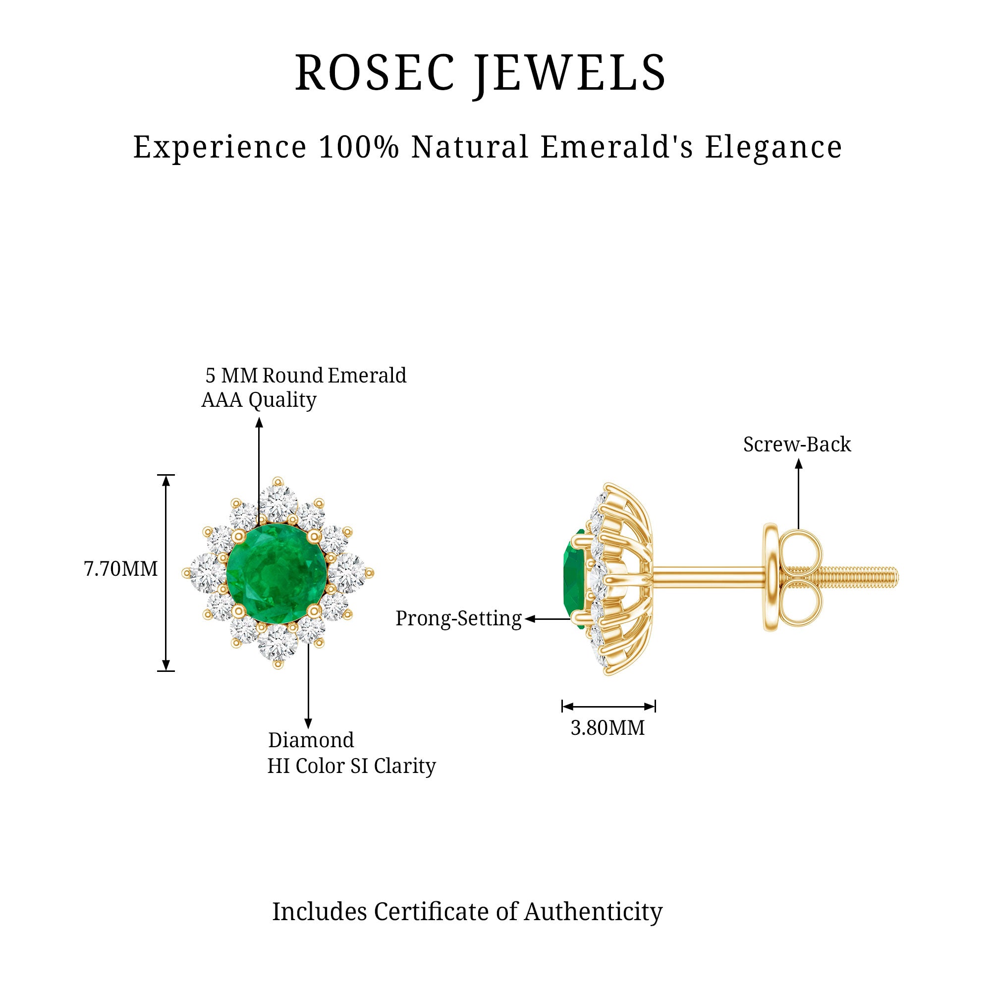 Real Emerald Stud Earrings with Diamond Halo AAA - Rosec Jewels