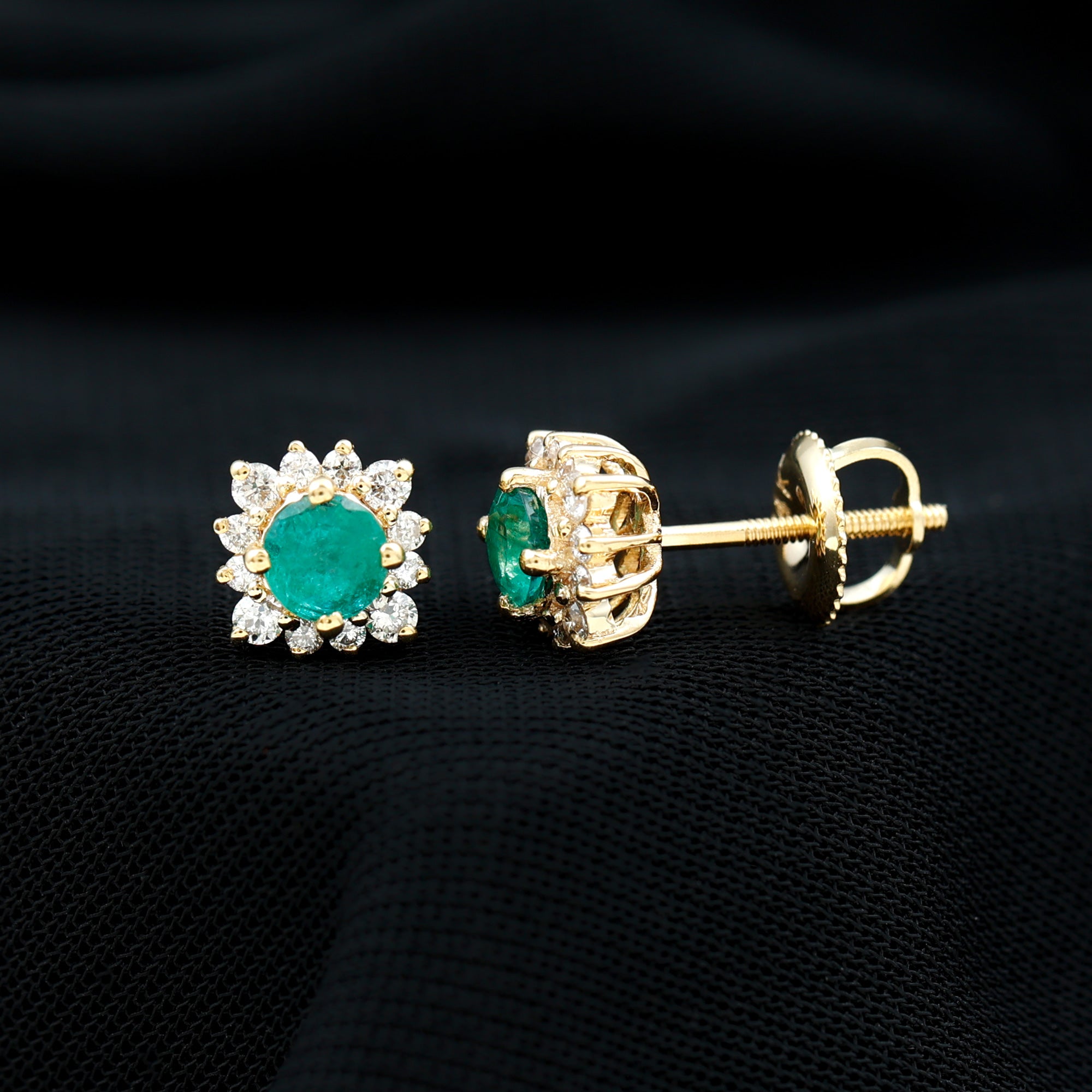 Real Emerald Stud Earrings with Diamond Halo AAA - Rosec Jewels