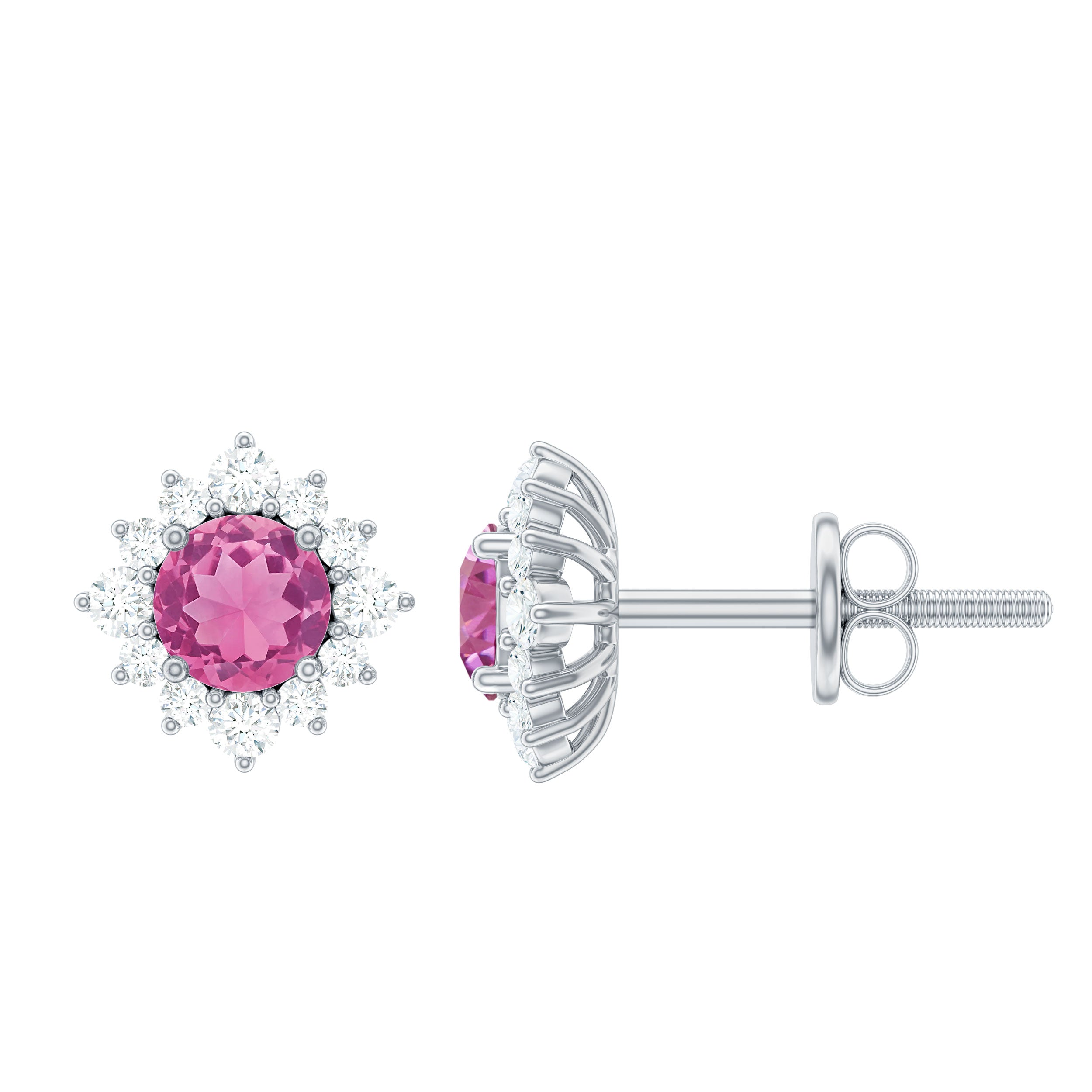 Round Pink Tourmaline Stud Earrings with Diamond Halo AAA - Rosec Jewels