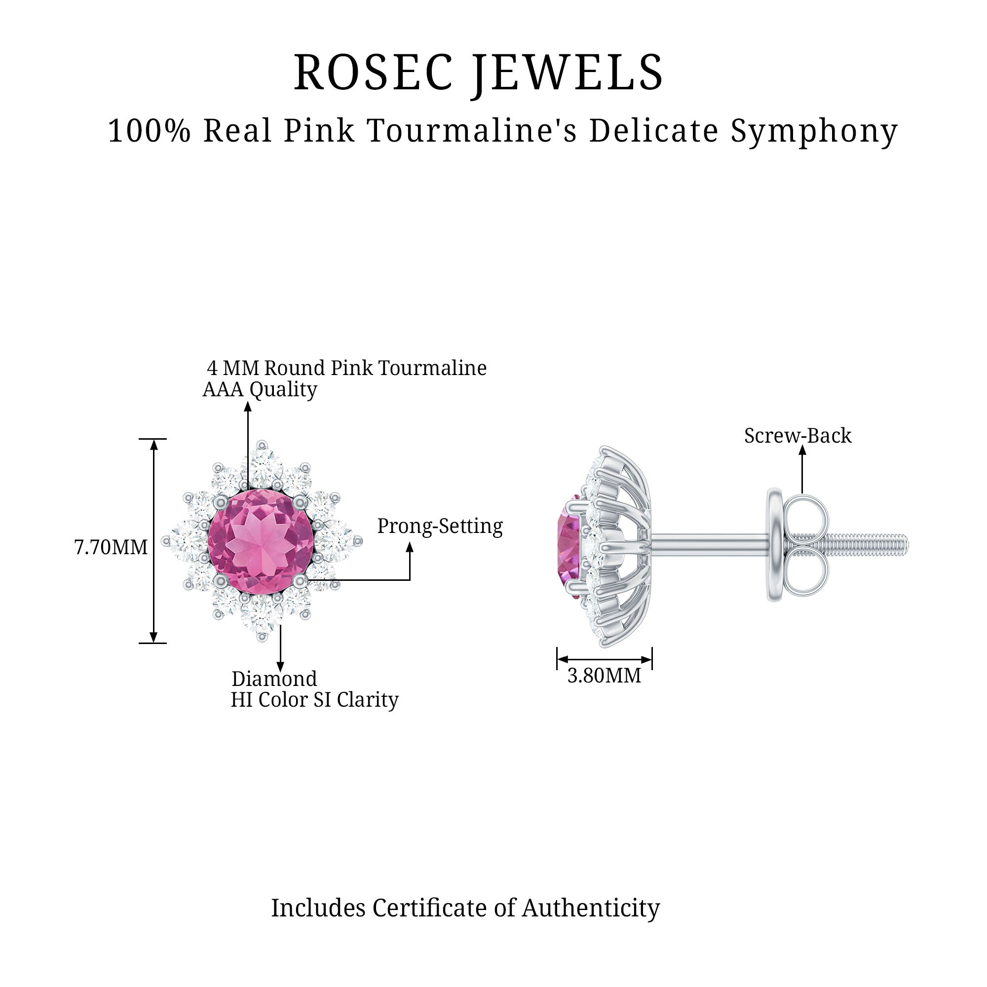 Round Pink Tourmaline Stud Earrings with Diamond Halo AAA - Rosec Jewels