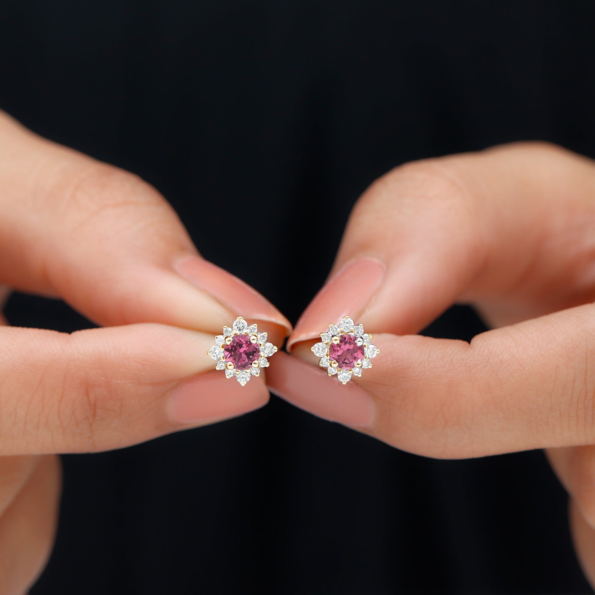 Round Pink Tourmaline Stud Earrings with Diamond Halo AAA - Rosec Jewels