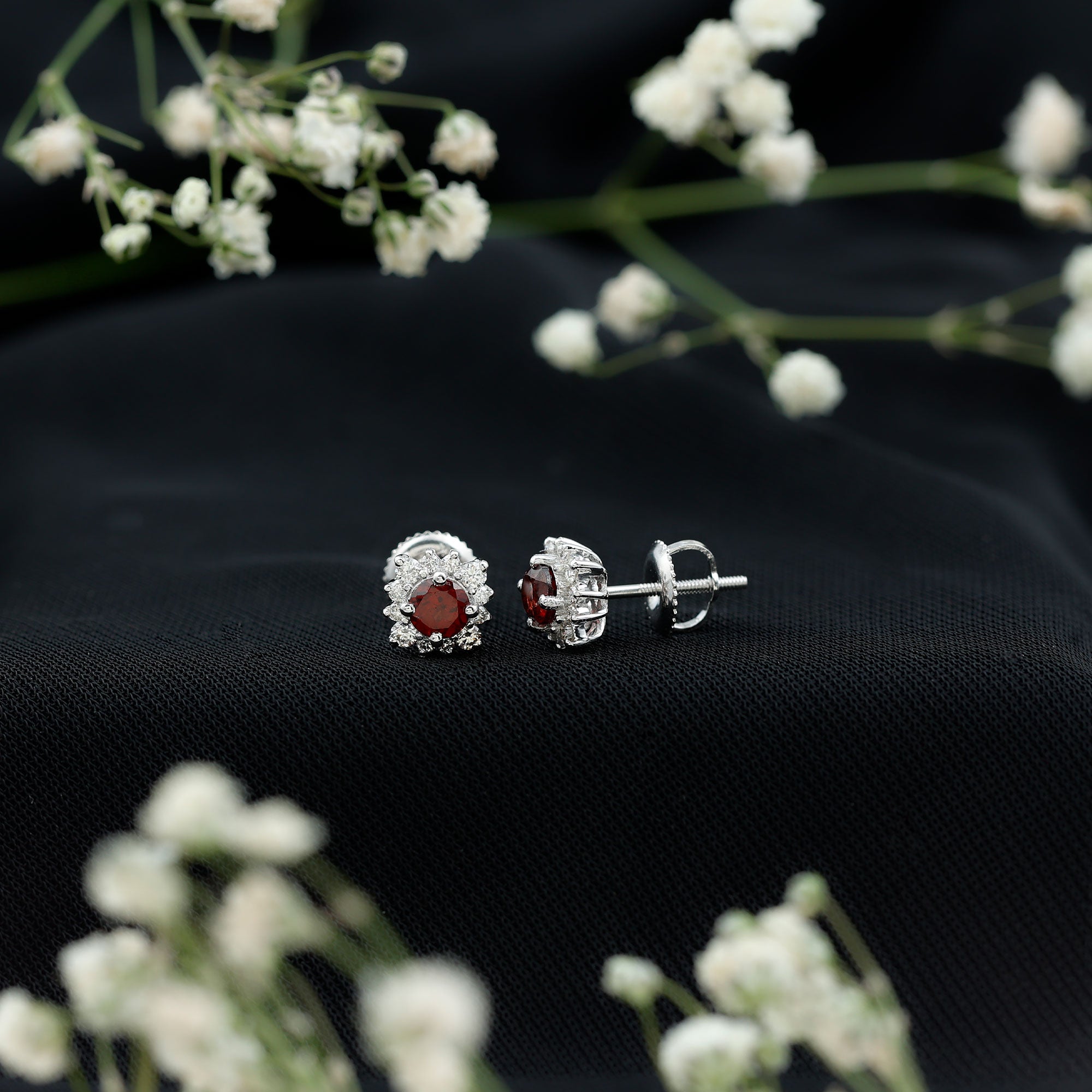0.6 Carat Garnet Classic Stud Earrings with Diamond Halo AAA - Rosec Jewels
