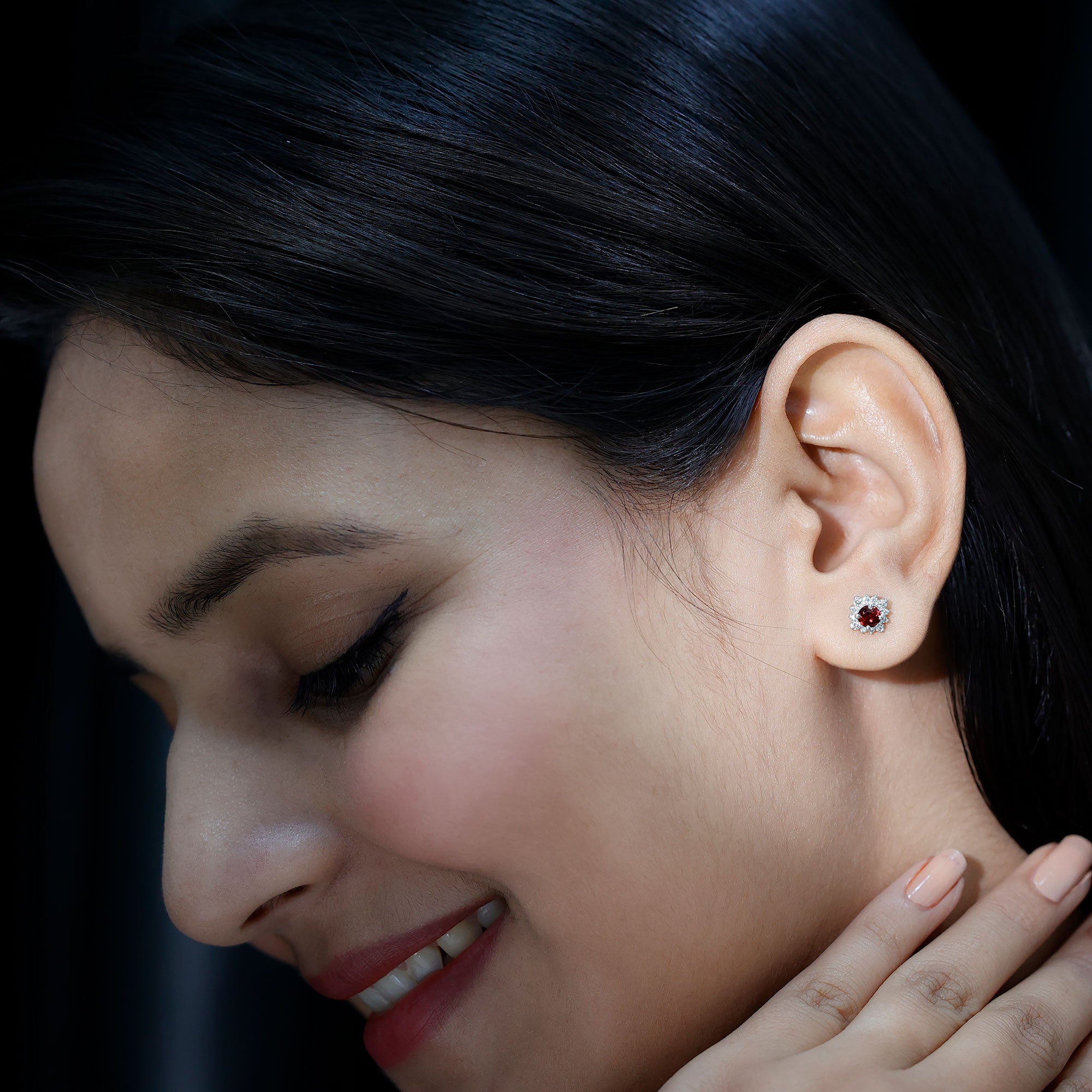 0.6 Carat Garnet Classic Stud Earrings with Diamond Halo AAA - Rosec Jewels