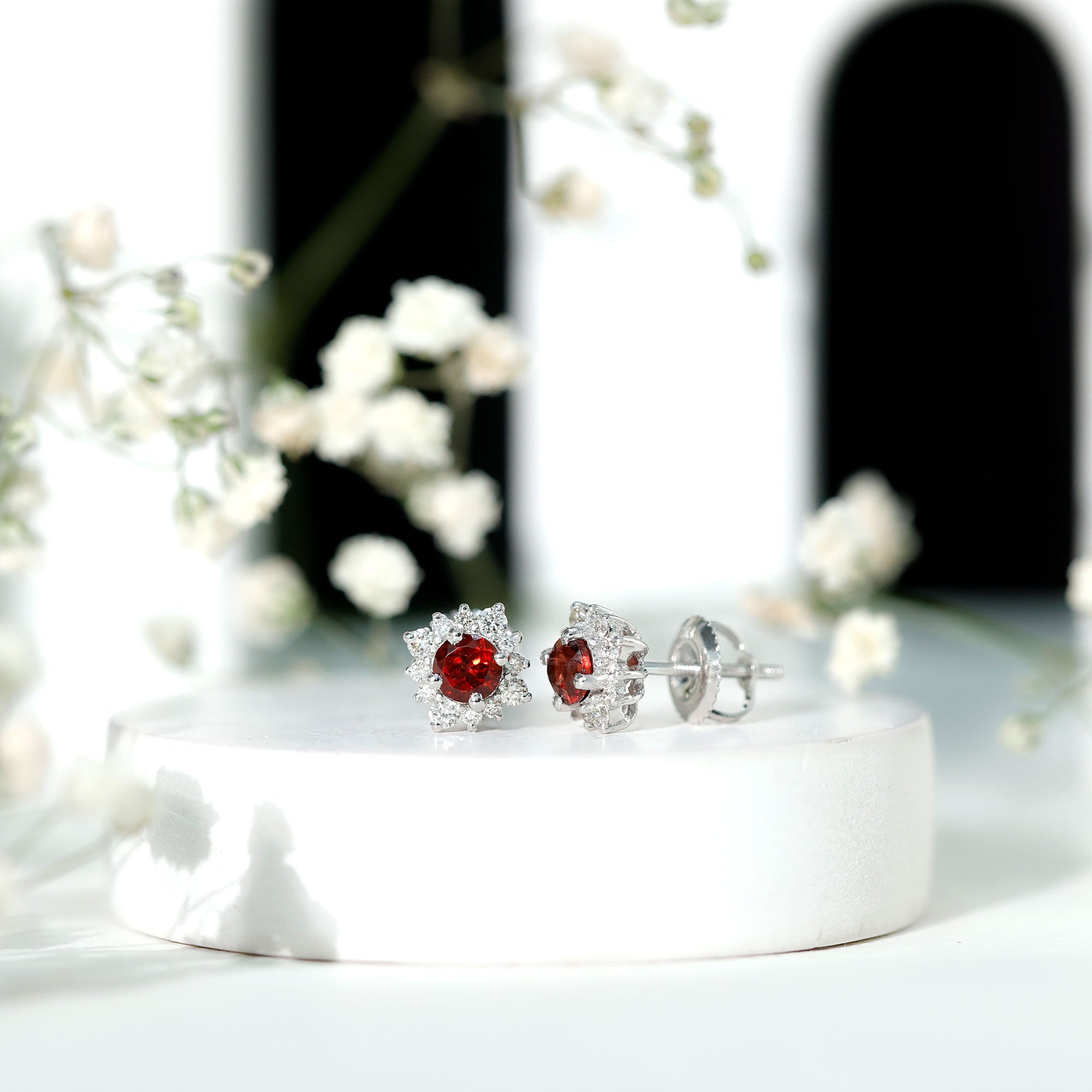 0.6 Carat Garnet Classic Stud Earrings with Diamond Halo AAA - Rosec Jewels