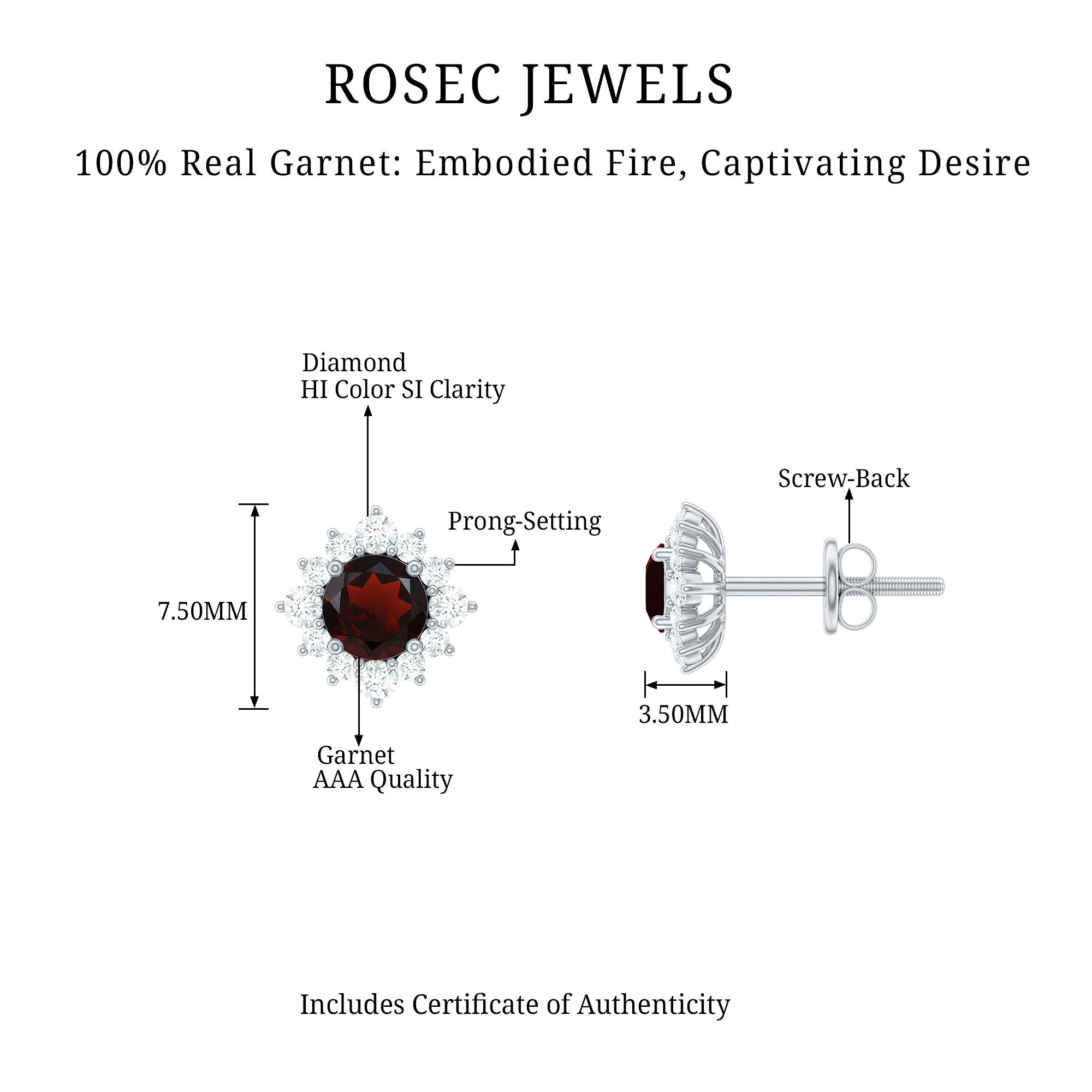 0.6 Carat Garnet Classic Stud Earrings with Diamond Halo AAA - Rosec Jewels