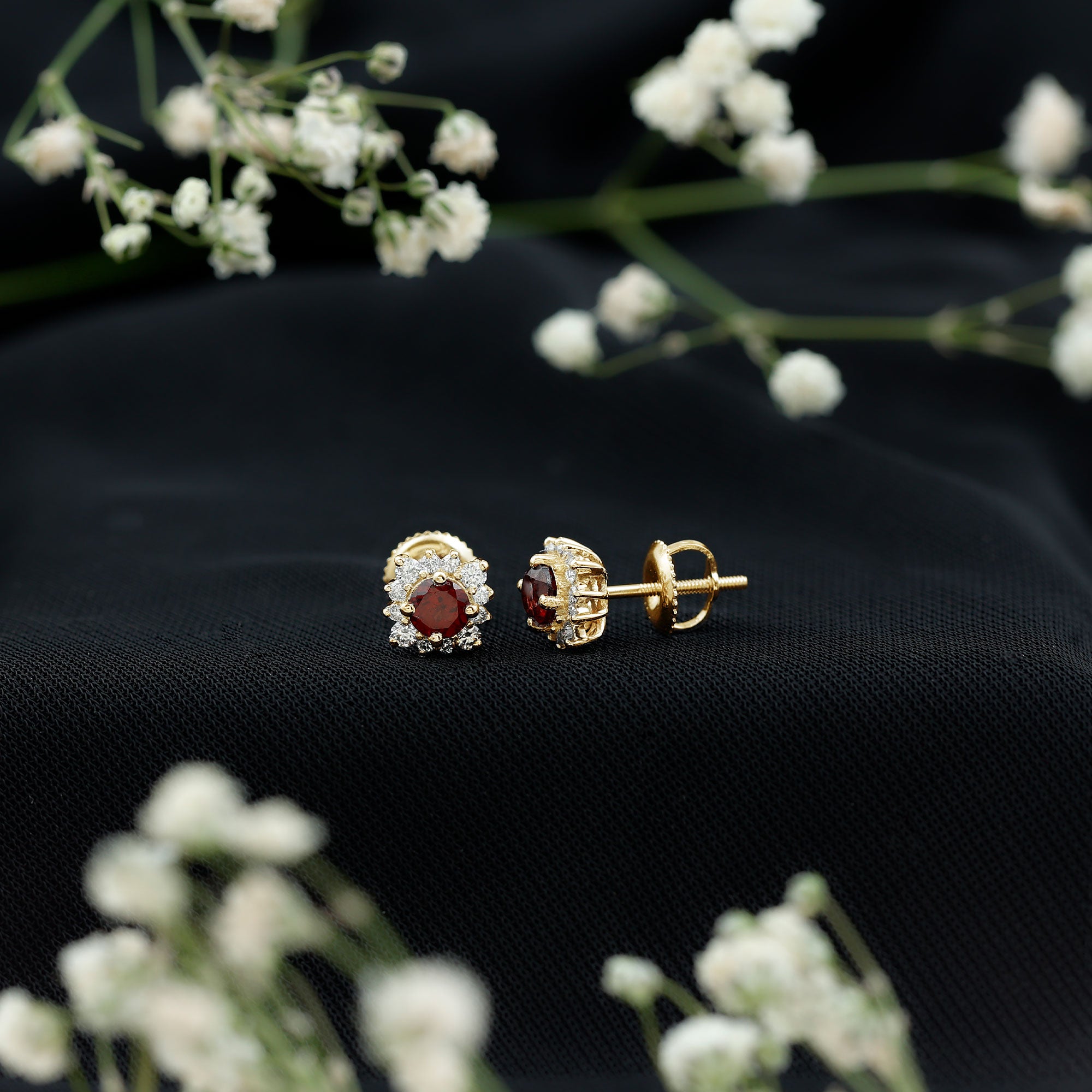 0.6 Carat Garnet Classic Stud Earrings with Diamond Halo AAA - Rosec Jewels