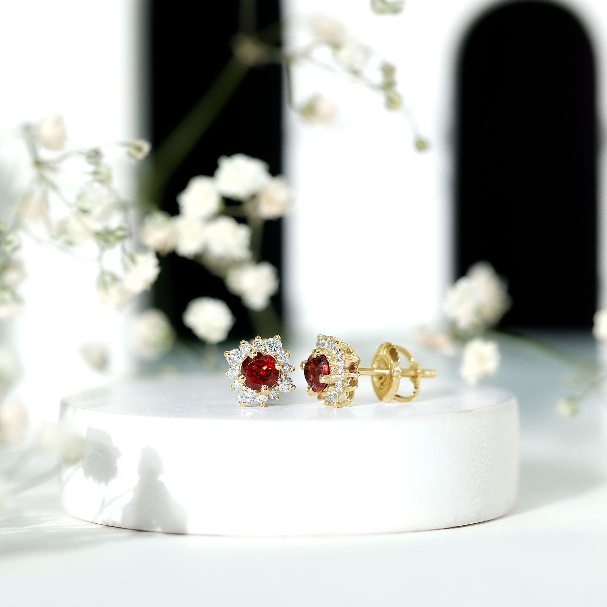 0.6 Carat Garnet Classic Stud Earrings with Diamond Halo AAA - Rosec Jewels