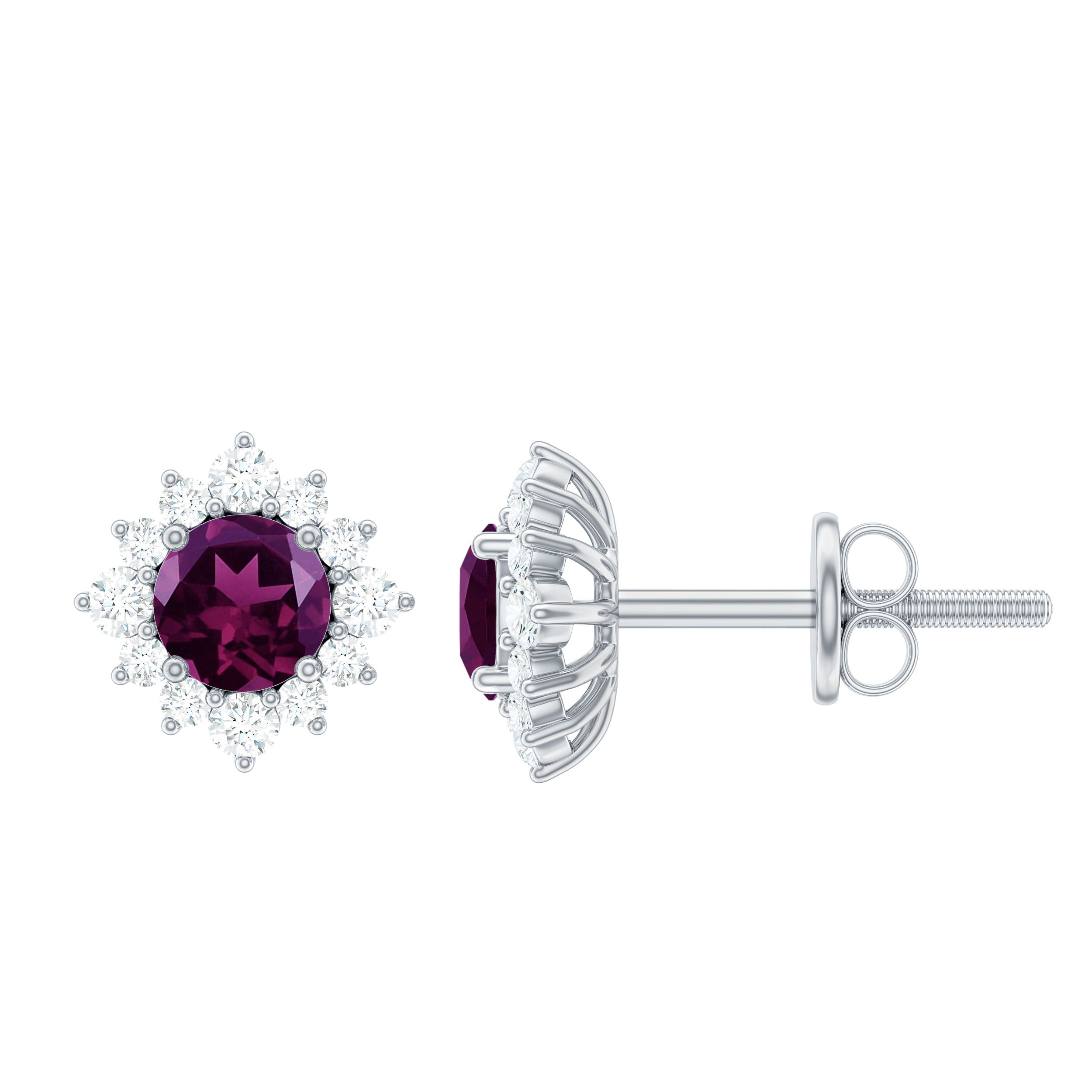 1.25 CT Classic Rhodolite Stud Earrings with Diamond Halo